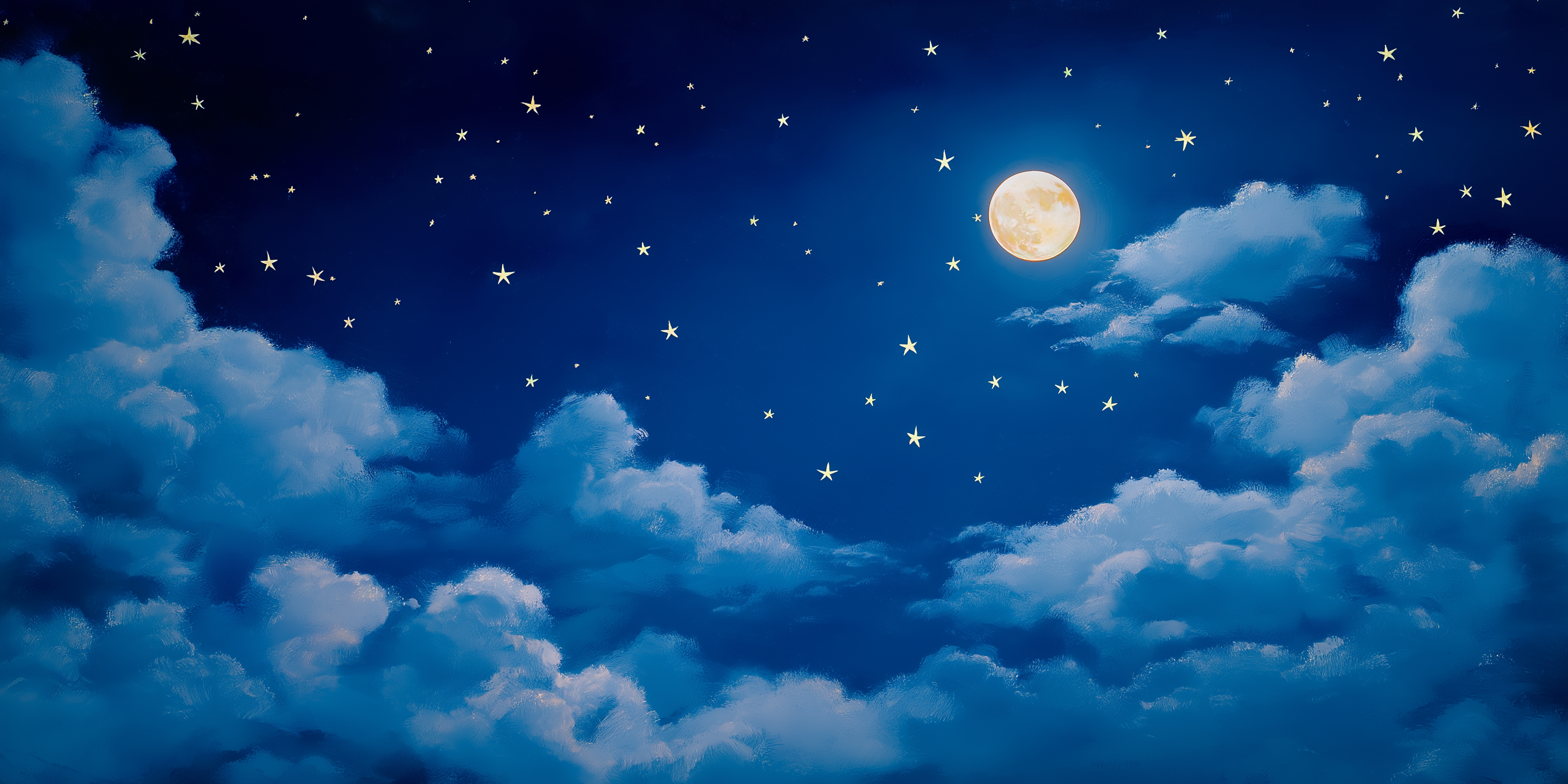 天際月光夜 壁紙 — 寧靜的夜空，一輪明亮的滿月被閃爍的星星和柔軟的藍色雲朵環繞。