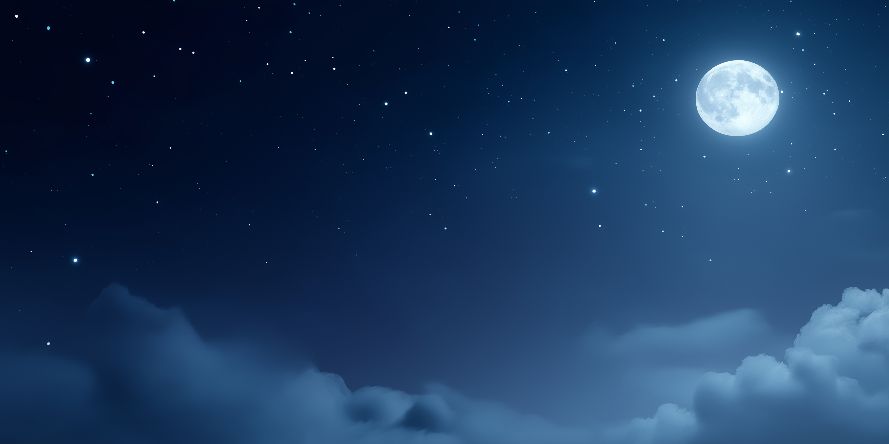 天際月光夜 壁紙 — 寧靜的夜空，明亮的滿月在柔軟的藍色雲朵上方發光，點綴著閃爍的星星。