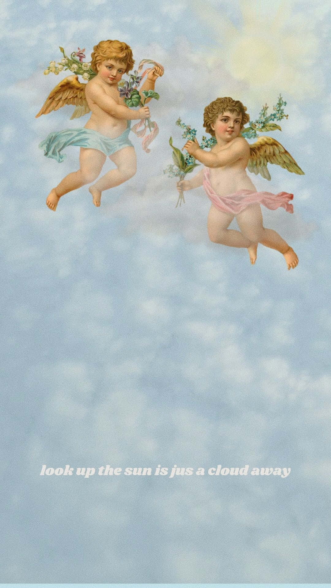 兩個有翅膀的天使漂浮在多雲的天空中，手持花束。