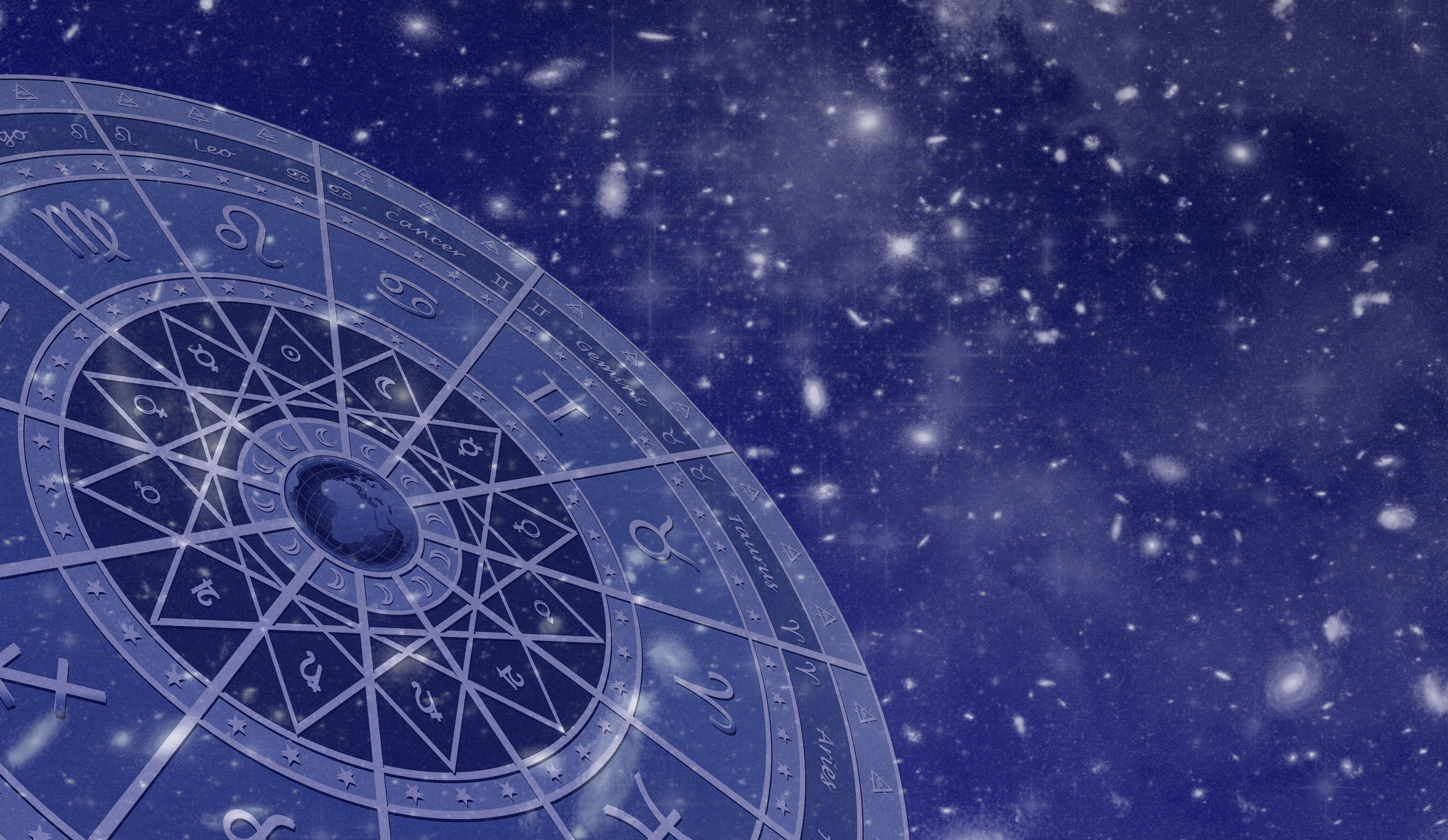 天體占星輪盤 壁紙 — 一個發光的占星圖表漂浮在星空宇宙背景上，伴隨著旋轉的星系和閃爍的星星。