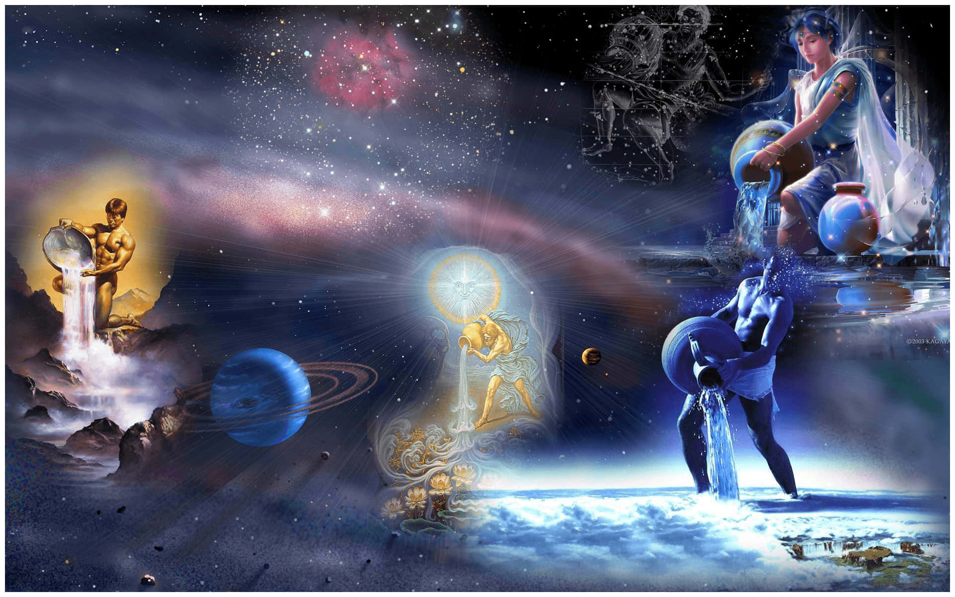 水瓶座 桌布 壁紙 — 天體存在從甕中倒水，橫跨一個有行星、星雲和星座在深空發光的宇宙場景。