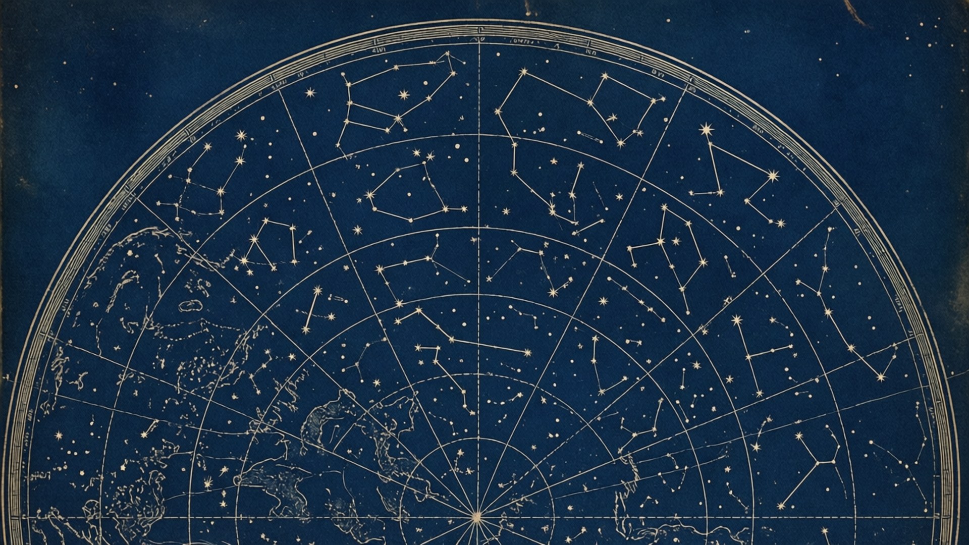 復古星圖，以藍色和金色顯示星座和世界地圖。