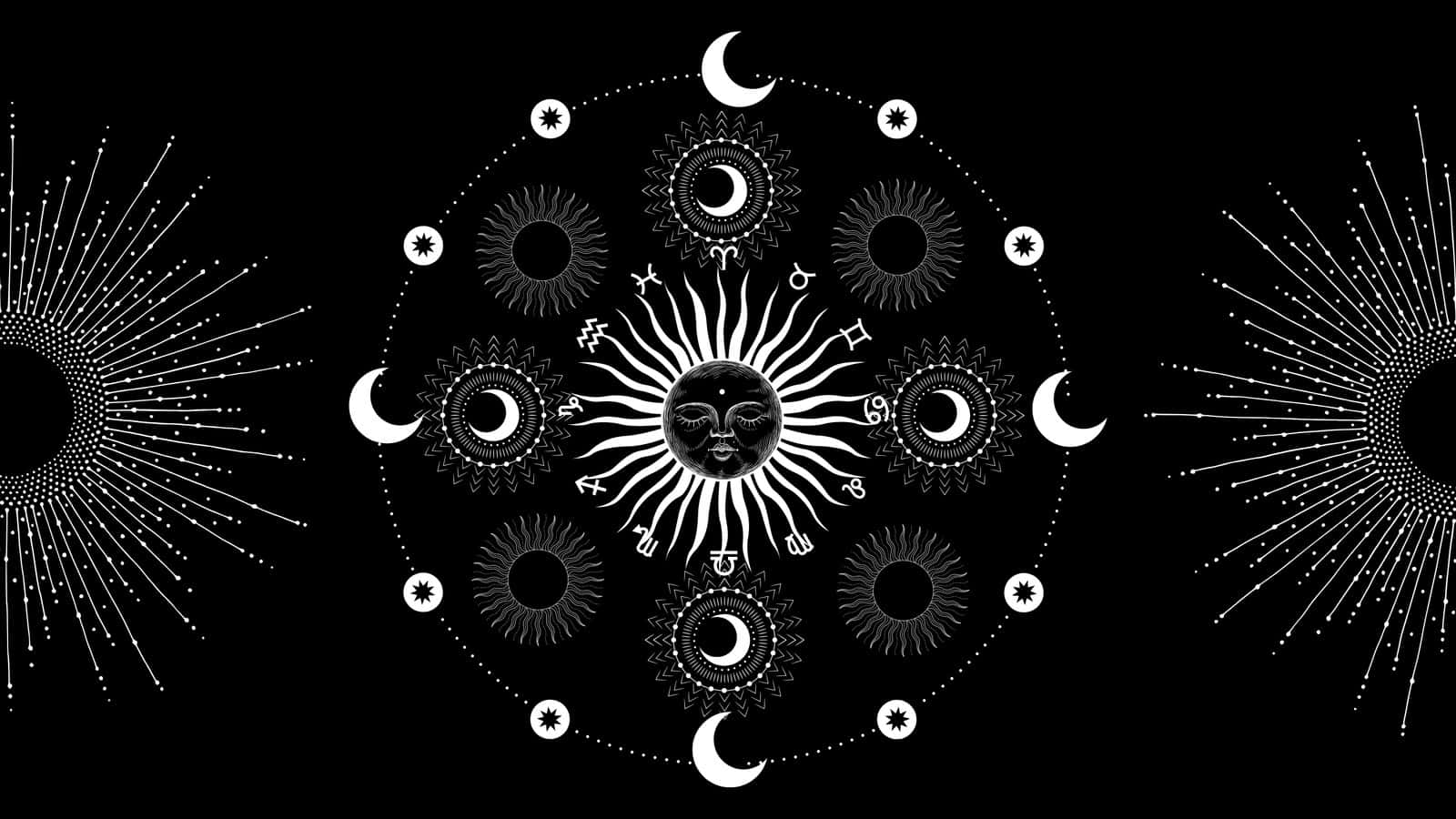 黑白占星曼陀羅，帶有太陽、月亮和星座符號
