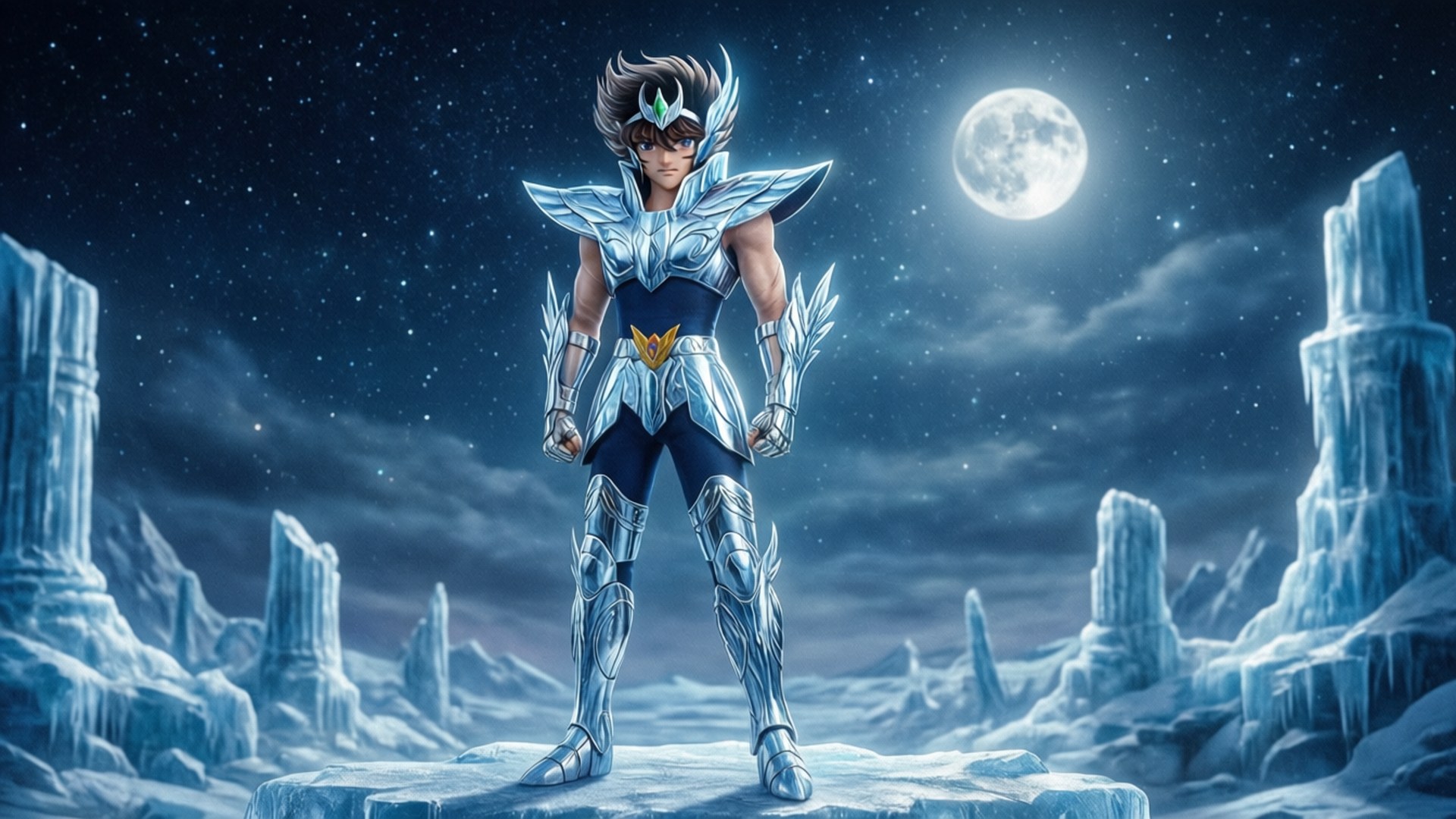 身穿銀色鎧甲的動漫戰士，在滿月下站在冰上。