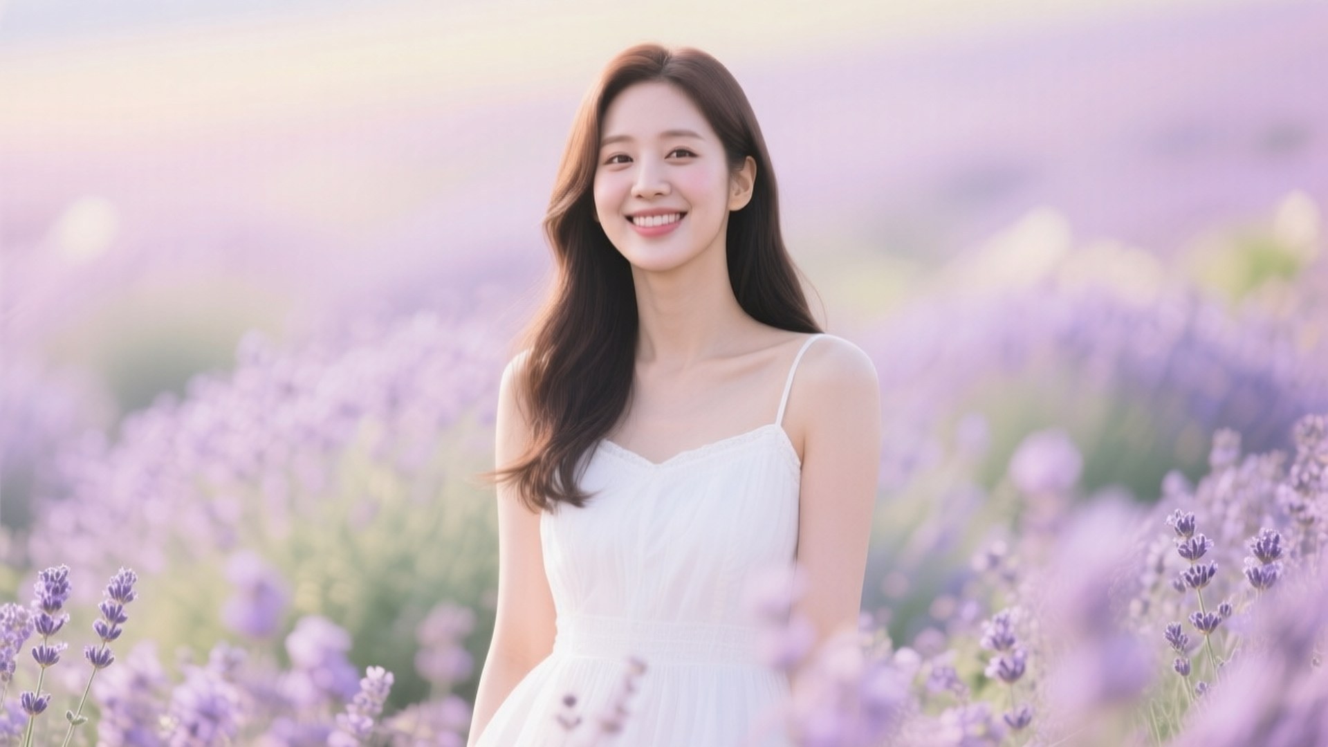 一位白裙女士在黃金時刻的薰衣草田中微笑。