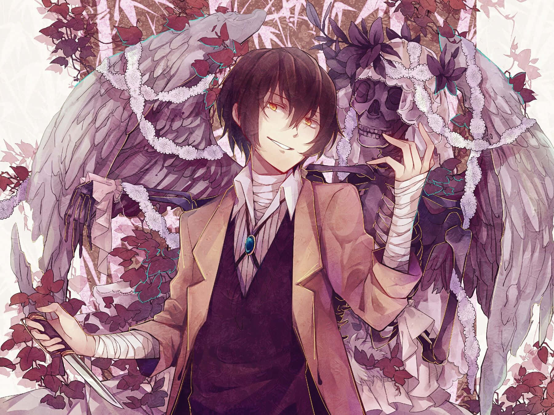 黑髮橙眼的動漫男孩微笑著站在一個裝飾著紫色花朵和白色蕾絲的骷髏天使旁邊。