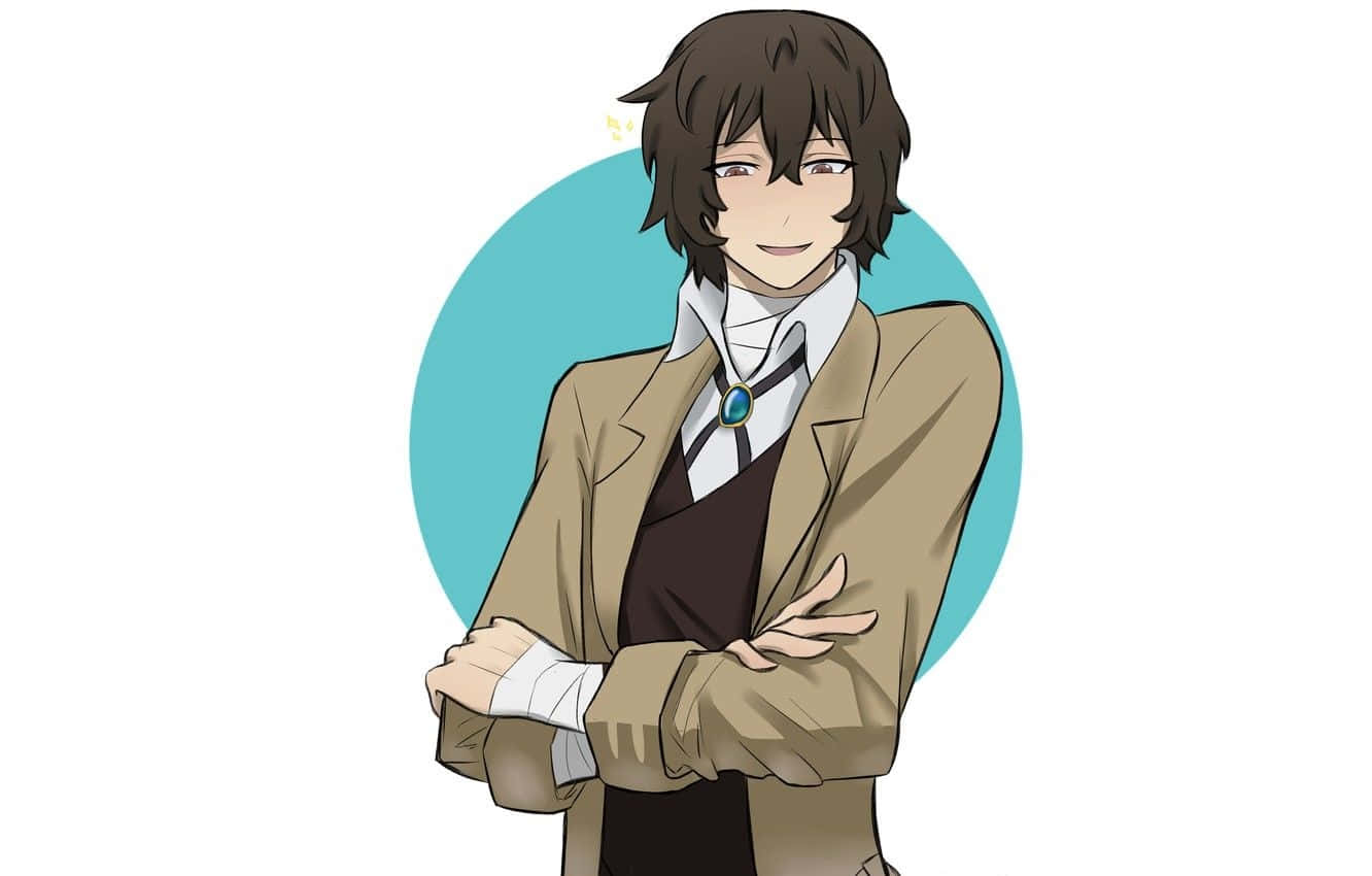 擁有棕色頭髮和自信微笑的動漫男子，穿著米色外套和白色圍巾。
