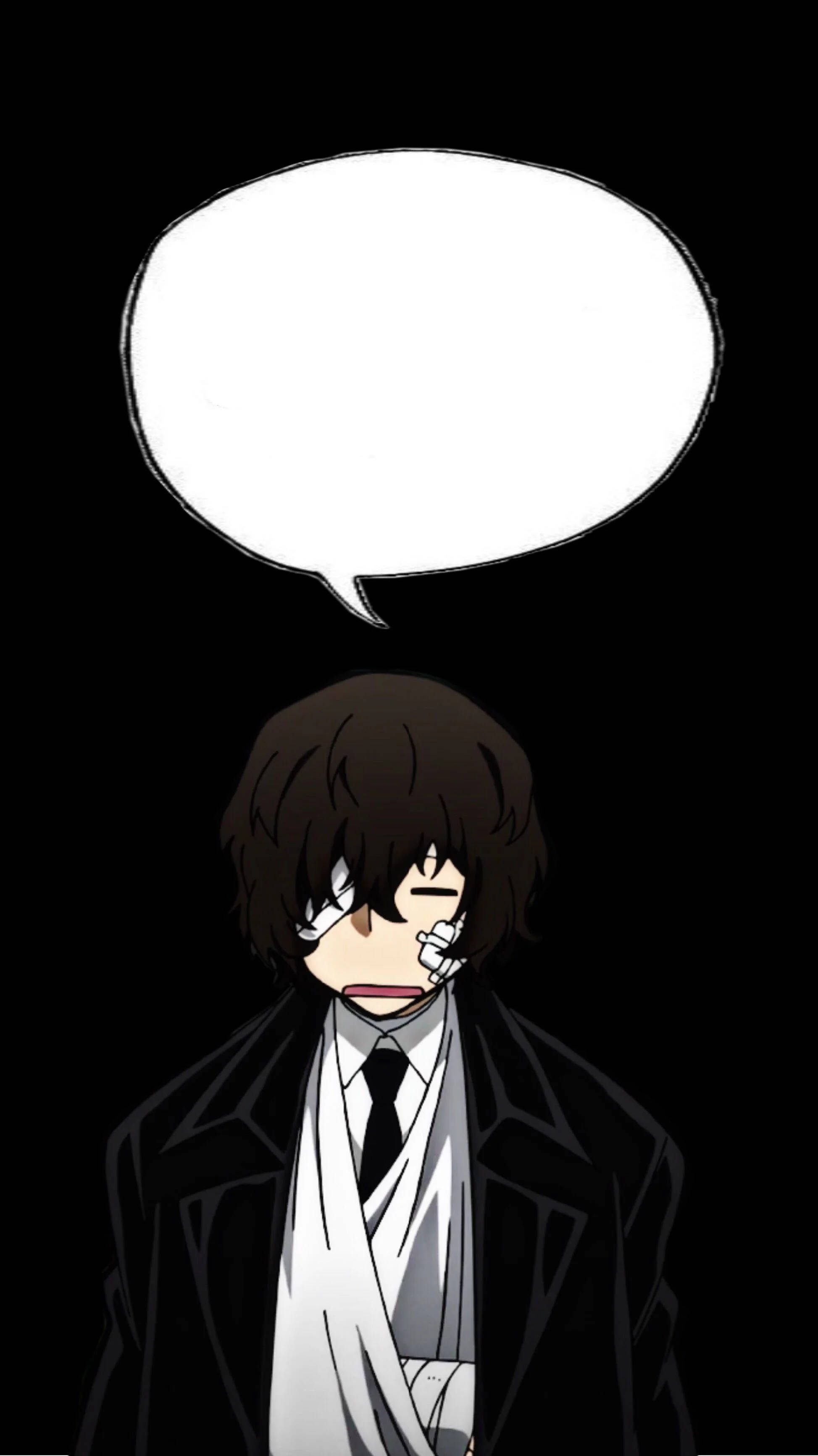 太宰治沉思語氣泡 壁紙 — 一個黑髮動漫男孩穿著黑色西裝和白色圍巾，在黑色背景上眨眼，頭頂有一個空白對話氣泡。