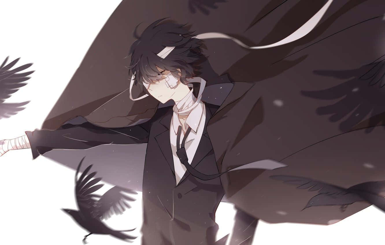 動漫男孩穿西裝被飛翔的烏鴉包圍在白色背景上