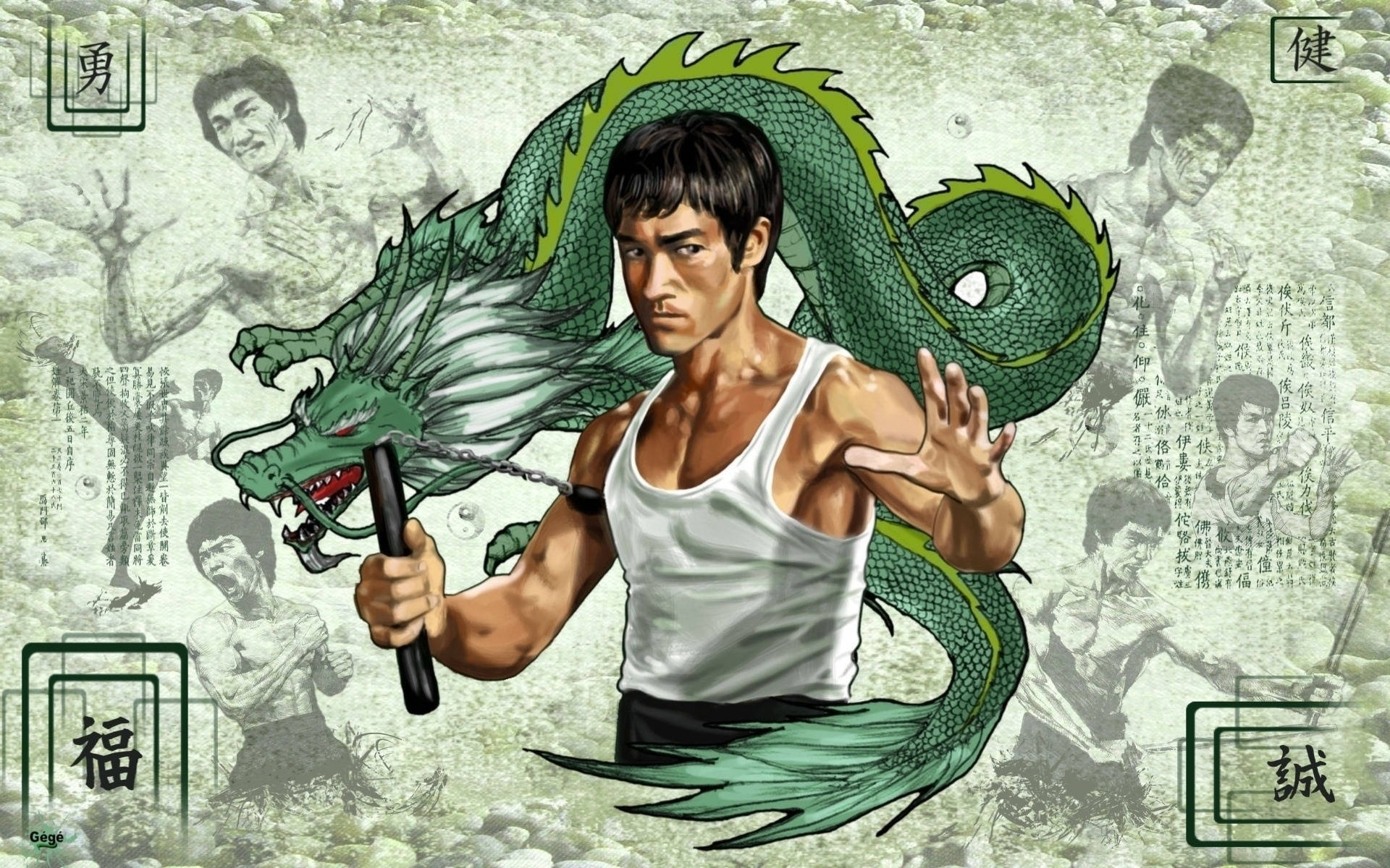 李小龍與一條綠色巨龍手持雙節棍，背景為武術主題。