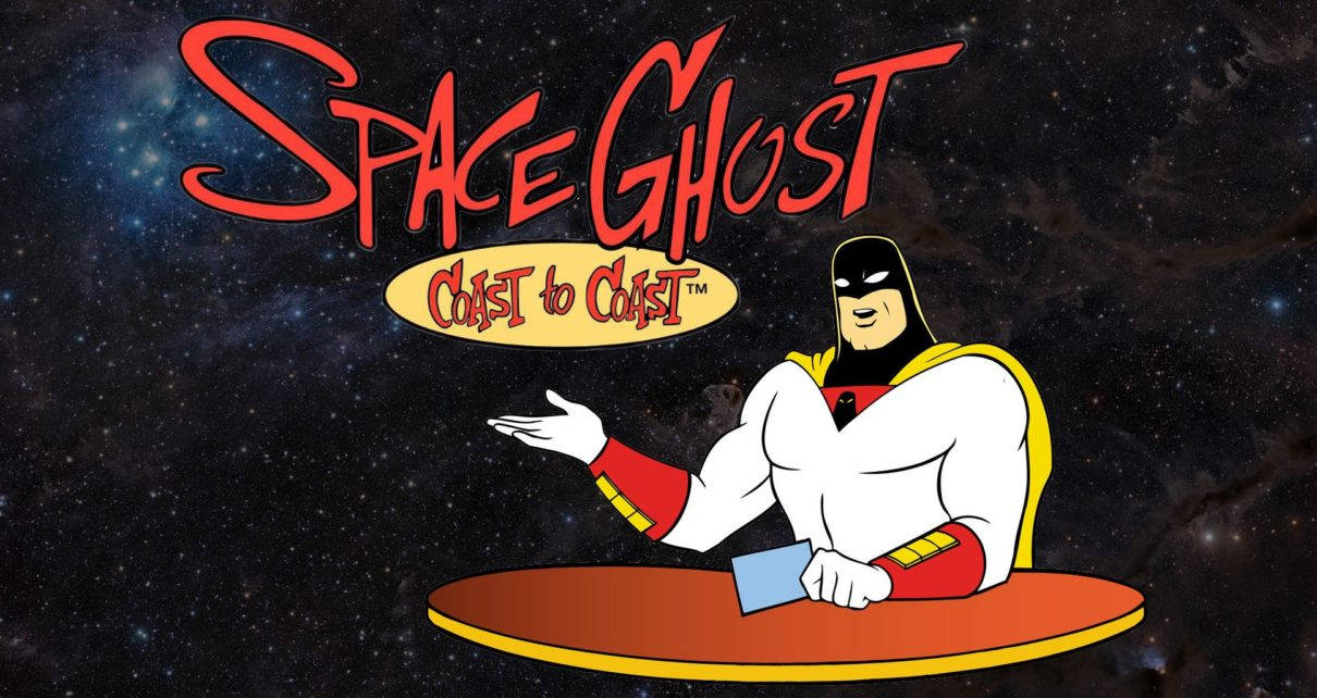 Space Ghost 卡通角色坐在太空中的飛碟上，帶有標題文字。