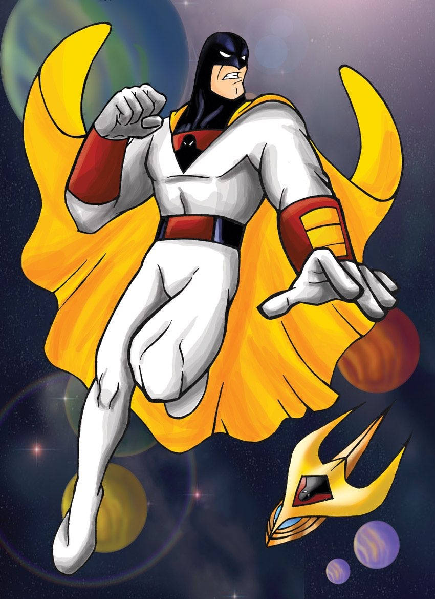 一位身穿黃色披風的超級英雄在太空中的行星和星星之間漂浮。