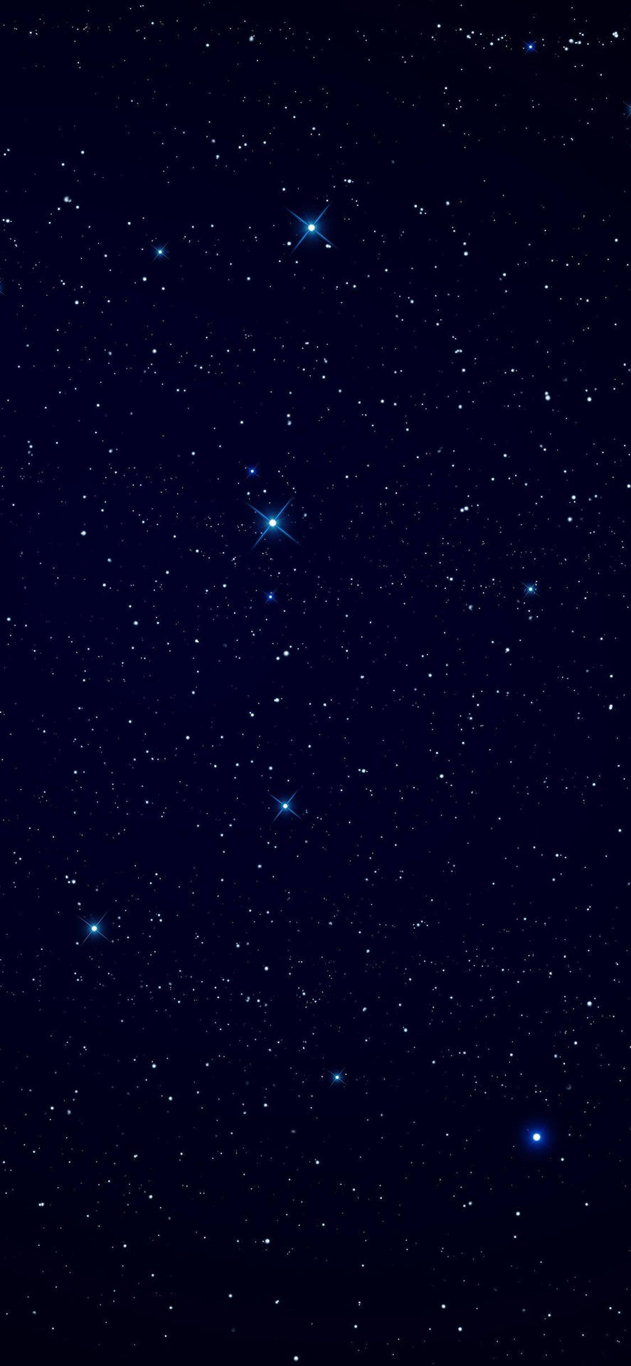 深藍色夜空，有許多星星和幾顆帶有星爆效果的明亮藍色星星。