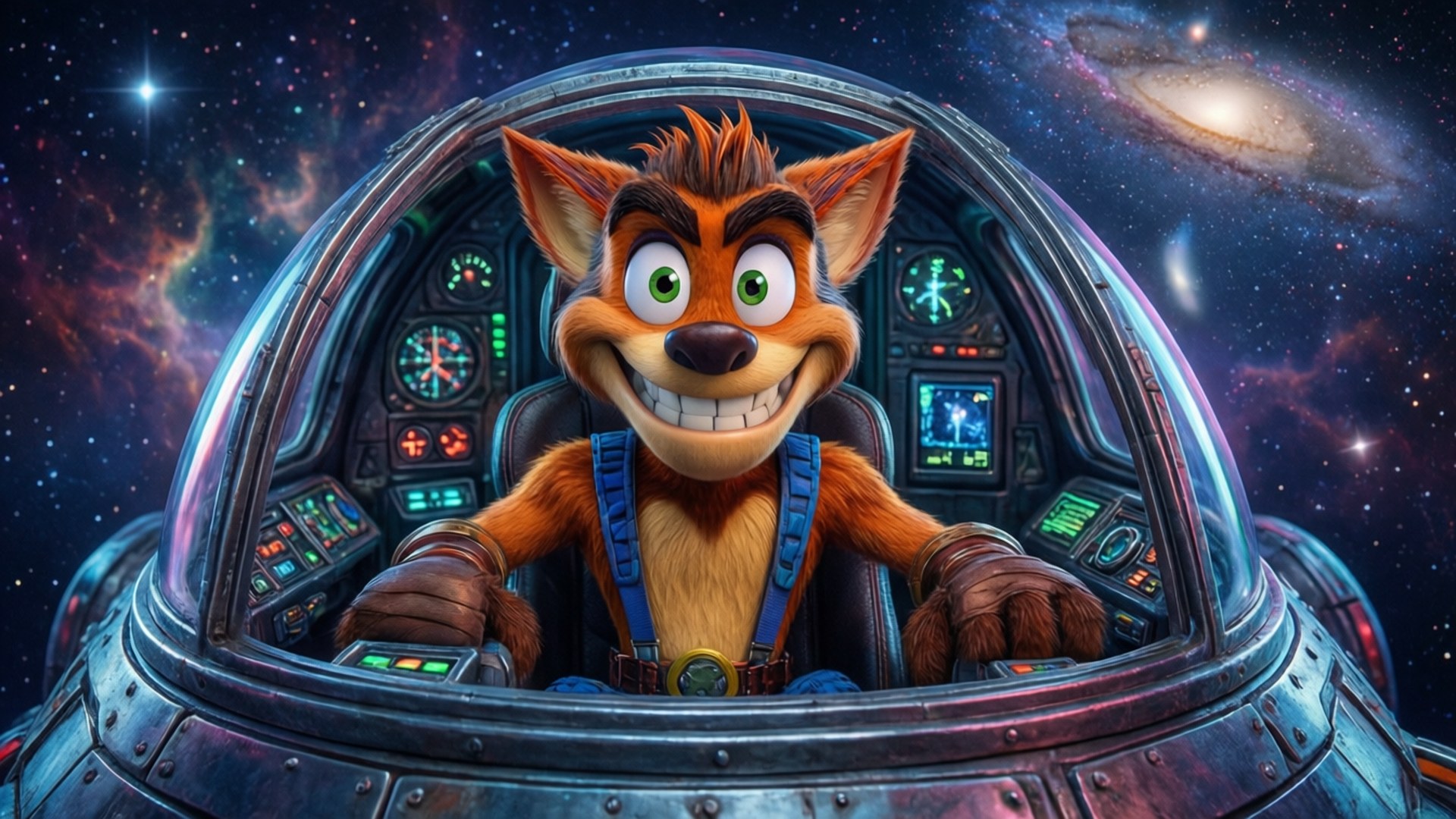太空Bandicoot 壁紙 — 一隻快樂的橙色狐狸，綠色眼睛，駕駛太空船穿越充滿星星和星系的生動宇宙星雲。