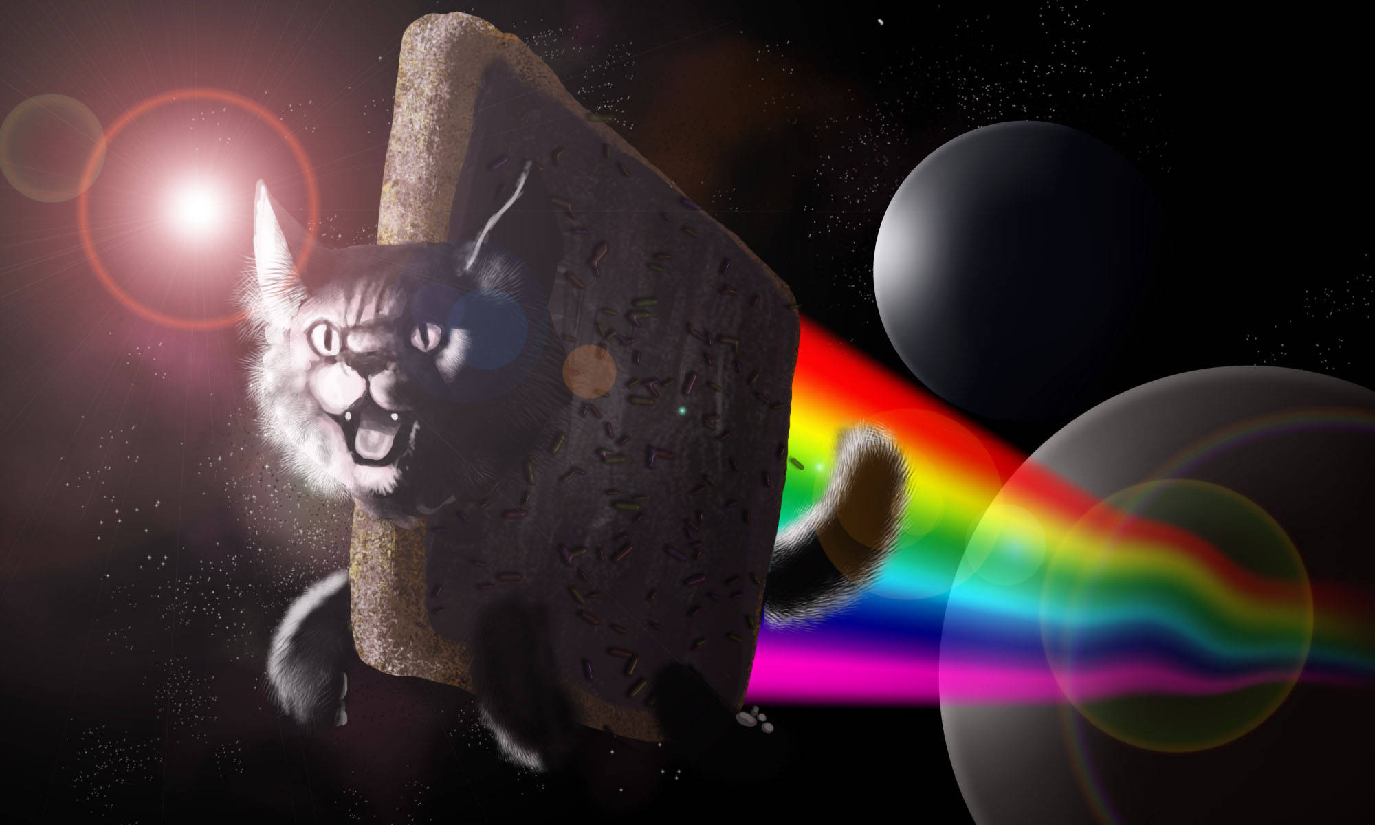 太空Nyan貓搞笑迷因 壁紙 — 一隻脾氣暴躁的貓，尾巴射出彩虹雷射光束，背景是宇宙，有行星和鏡頭光暈。