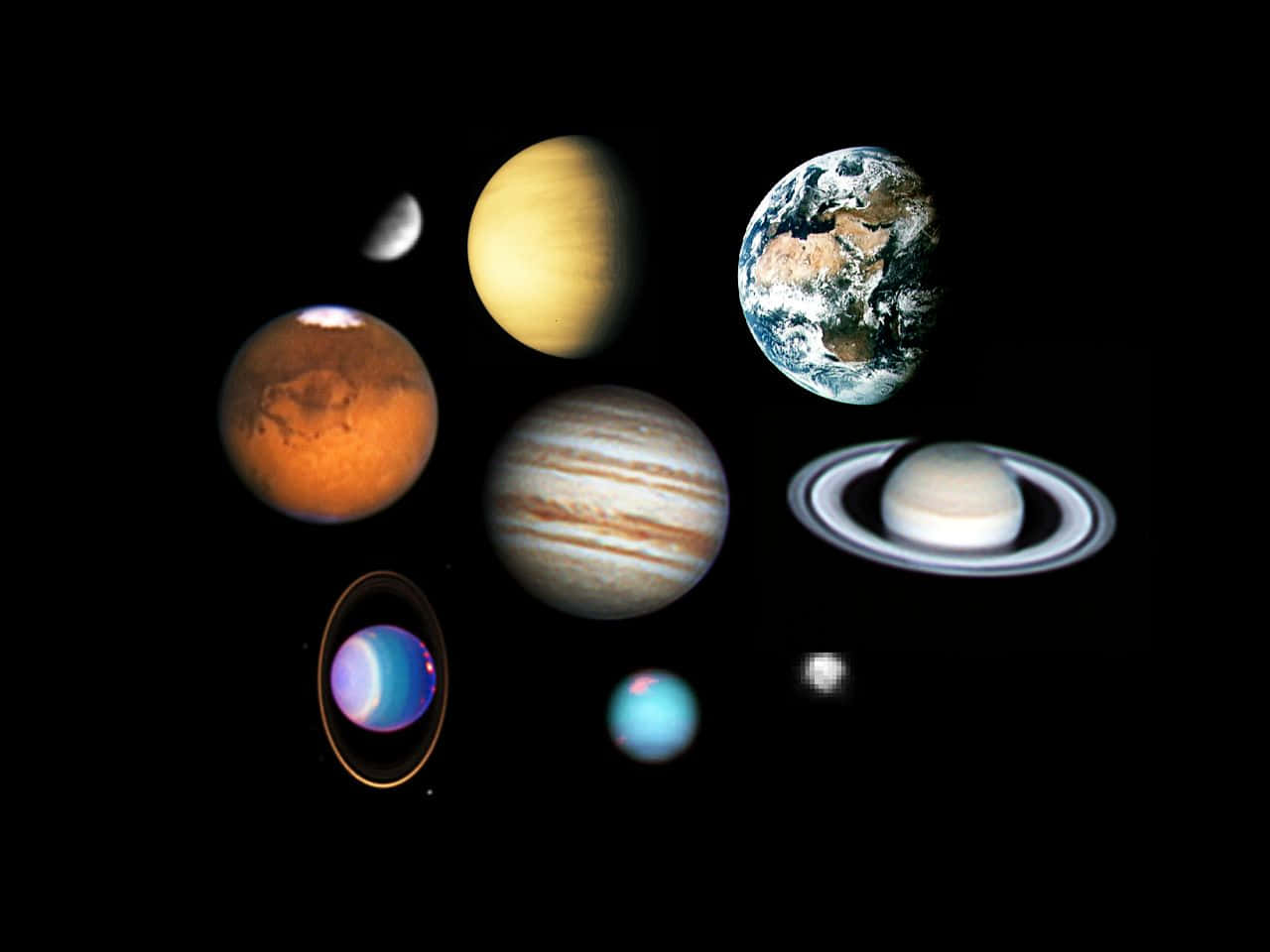 一組行星，包括地球、火星、木星、土星和金星，漂浮在太空中。