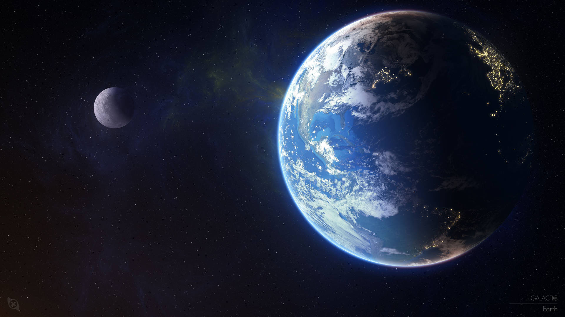 地球和月球在太空中，帶有城市燈光和星星