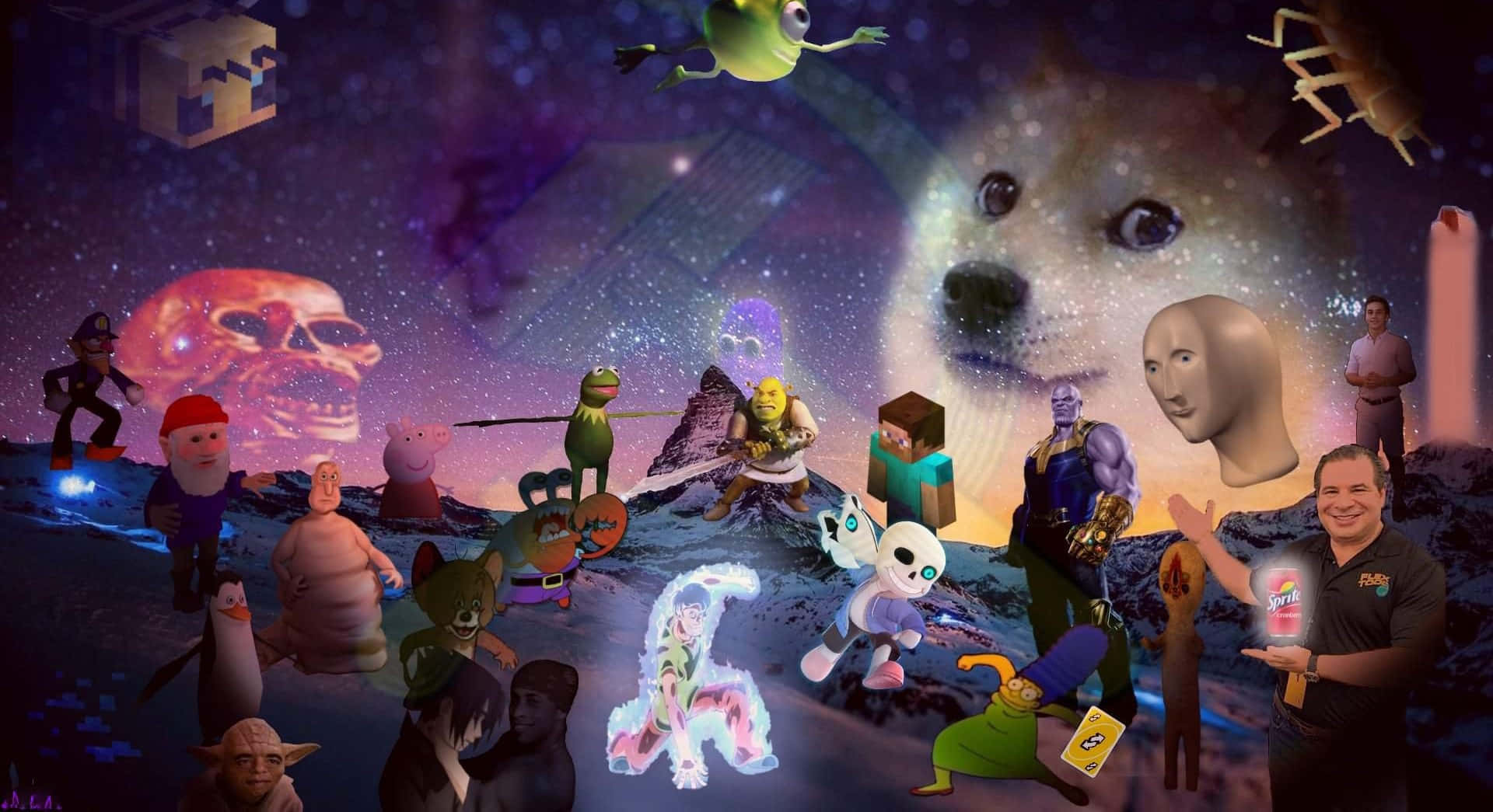 太空中的dank meme 角色圖 壁紙 — 一幅超現實的宇宙拼貼畫， featuring 流行文化圖標如 Doge、史力加和 Minecraft 角色，漂浮在星星和漂浮的頭顱之間。