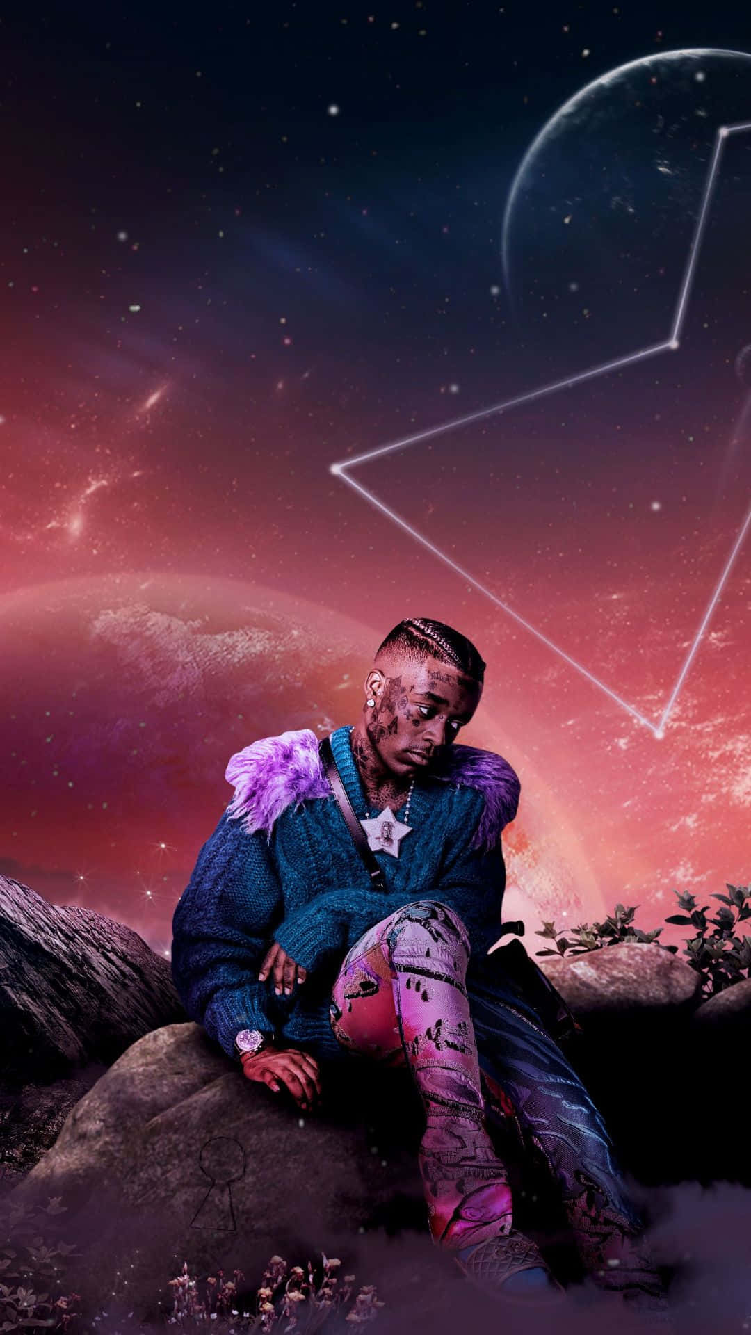擁有紫色羽毛肩膀的男人坐在宇宙景觀中的岩石上，有發光的行星。