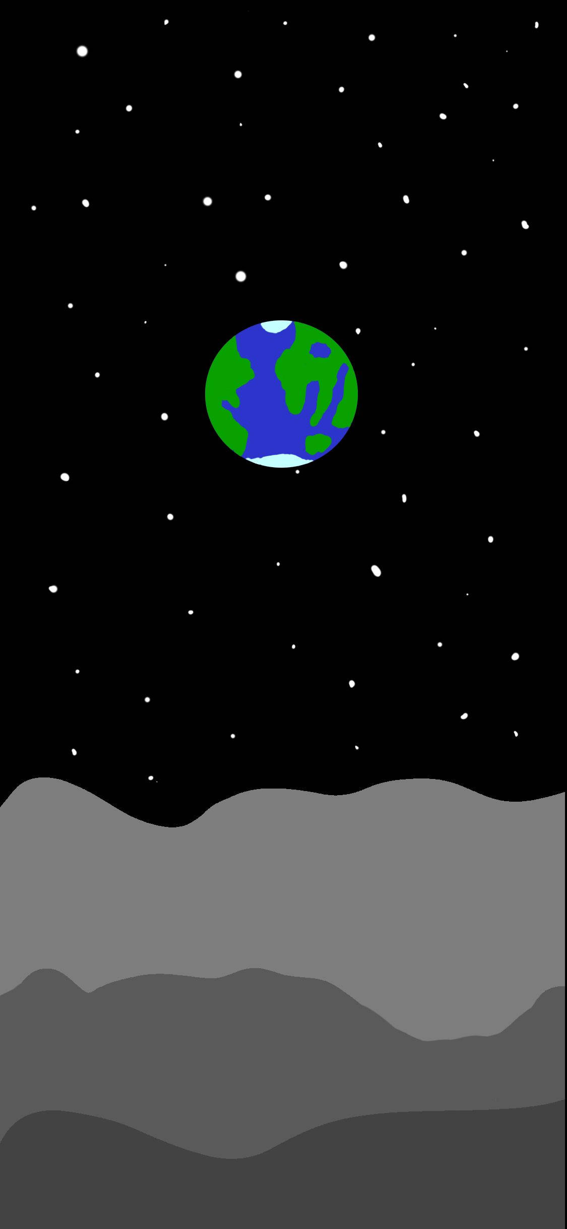 太空中的地球滴落風格 壁紙 — 一個風格化的地球漂浮在灰色山脈之上，背景是繁星點點的黑色天空。