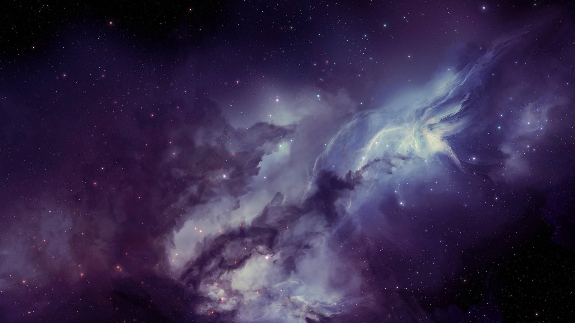 廣闊的宇宙星雲，帶有發光的星星和旋轉的紫藍色雲團，在深空中。