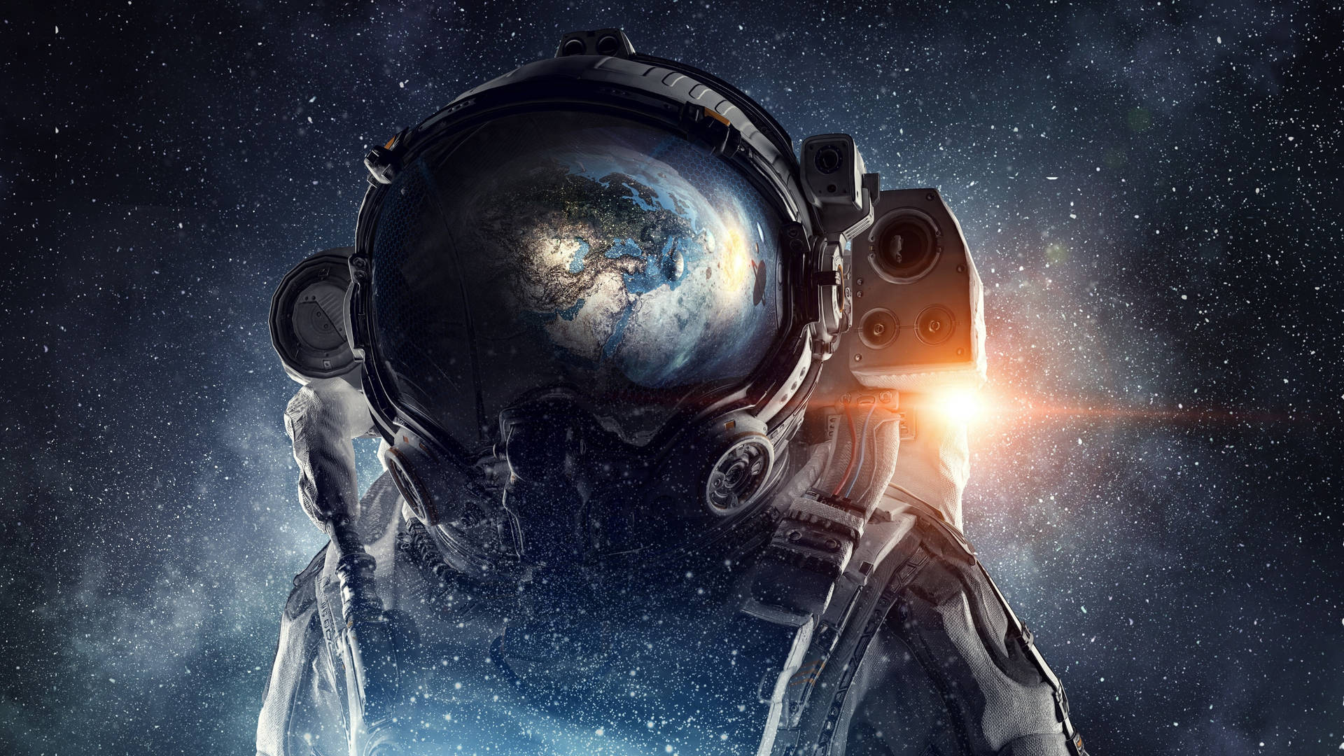 穿著太空衣的太空人看著頭盔中反射的地球，伴有太陽耀斑。