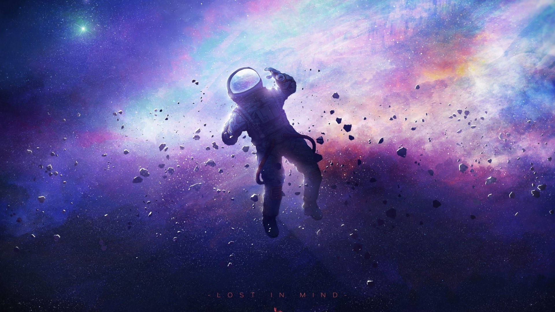太空人在色彩繽紛的星雲中漂流，周圍有浮動岩石