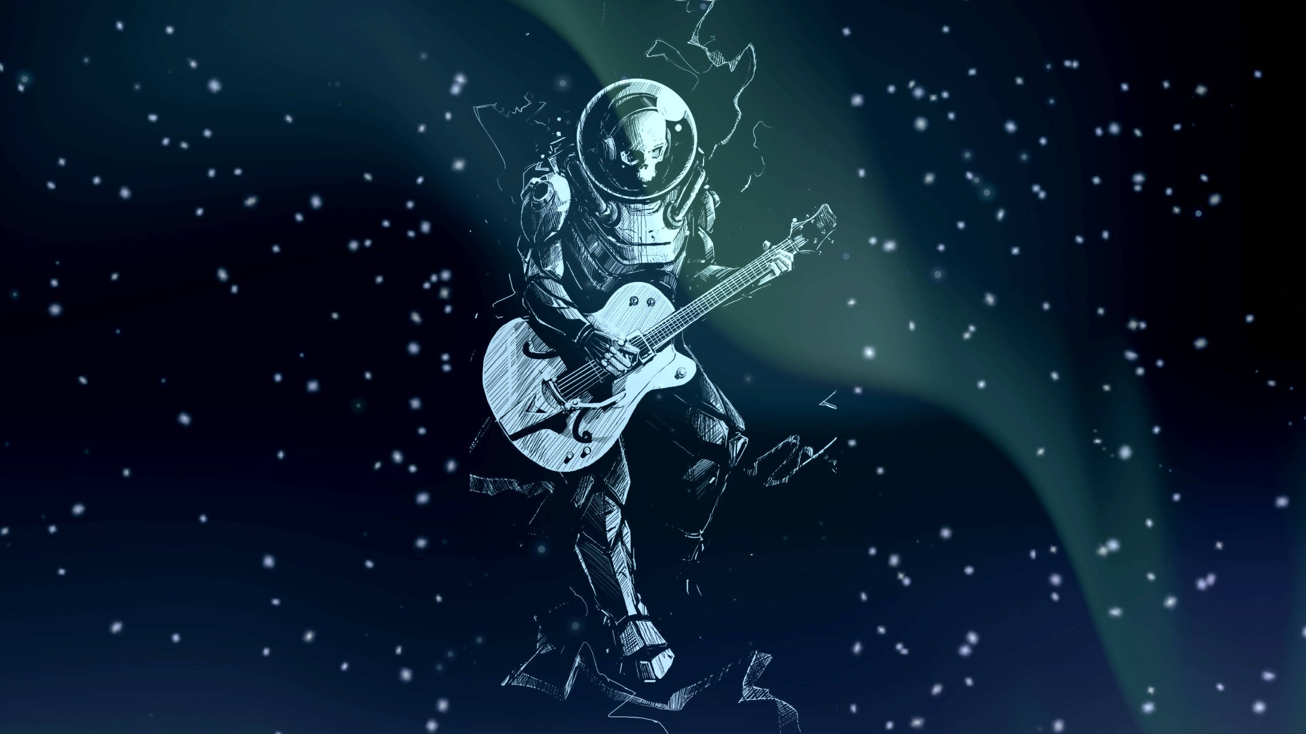 太空中的宇航員彈吉他 壁紙 — 一個穿著太空衣的骷髏太空人在星光燦爛的宇宙背景下彈結他，背景有綠色極光。