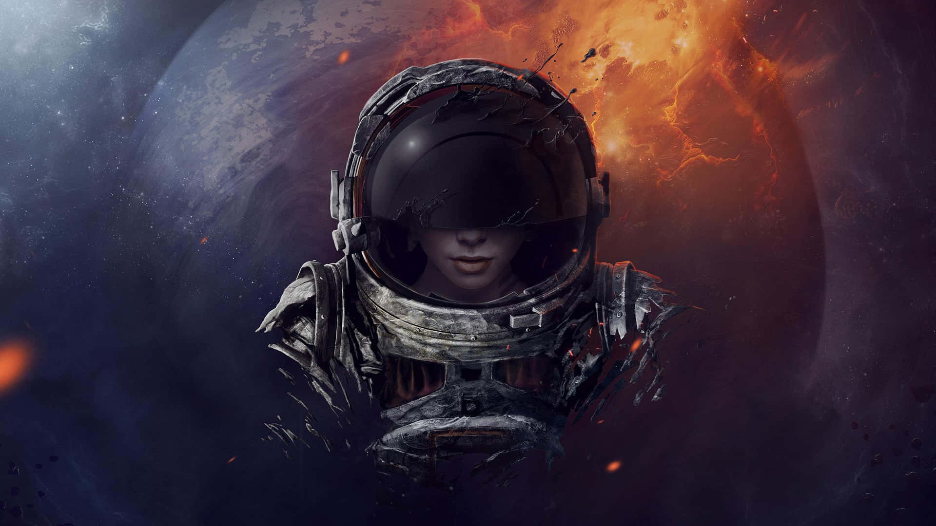 太空人戴著破裂的頭盔在熾熱行星附近的太空中漂浮。