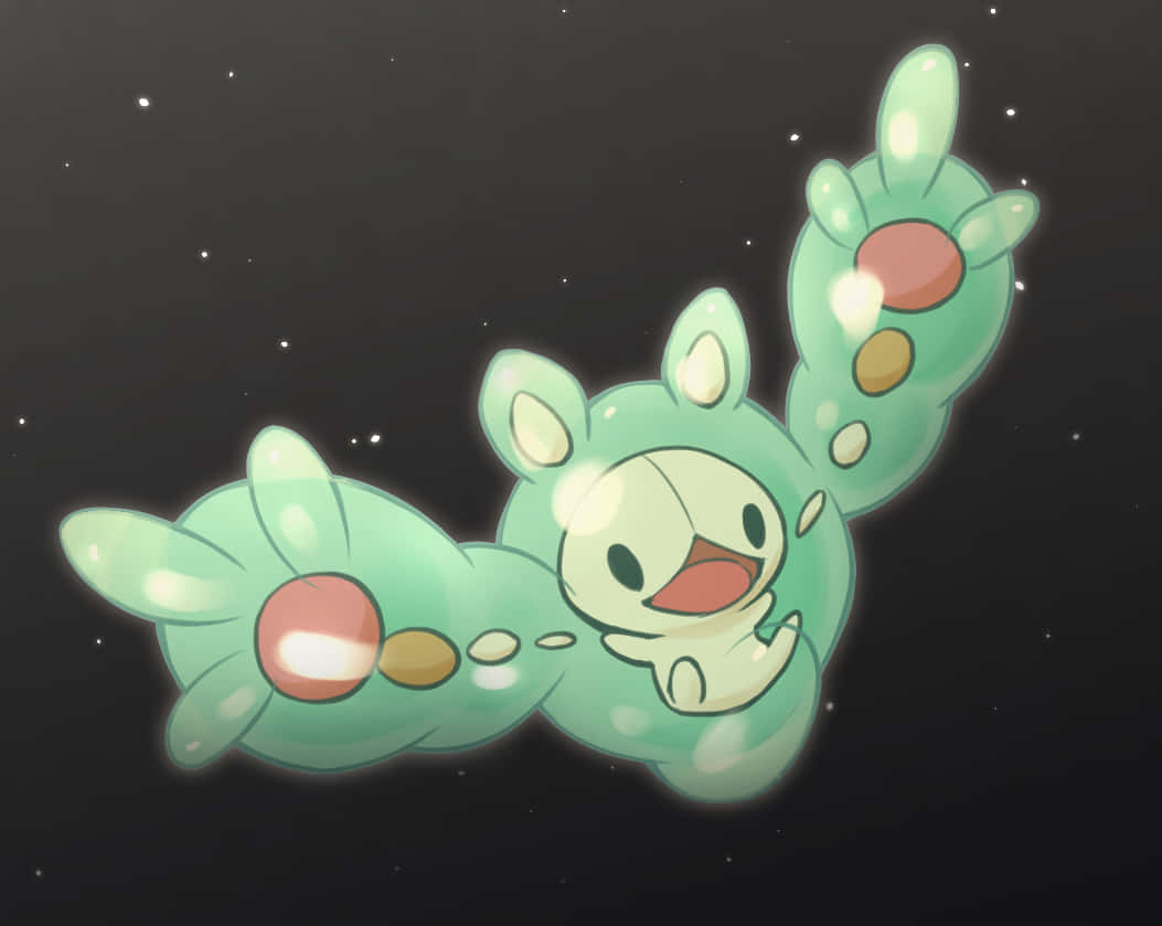 太空中的寶可夢Reuniclus 壁紙 — 一個發光的薄荷綠色動漫生物，長著兔耳朵，在繁星點點的夜空中快樂地漂浮。