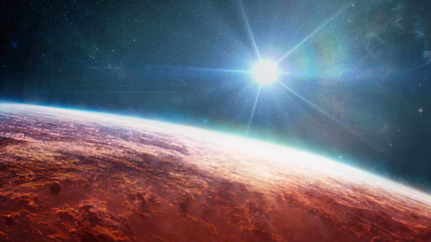 太空中的明亮行星天文學 壁紙 — 一顆充滿活力的外星行星在一顆熾熱的恆星下彎曲，帶有發光的大氣帶和遙遠的星雲。