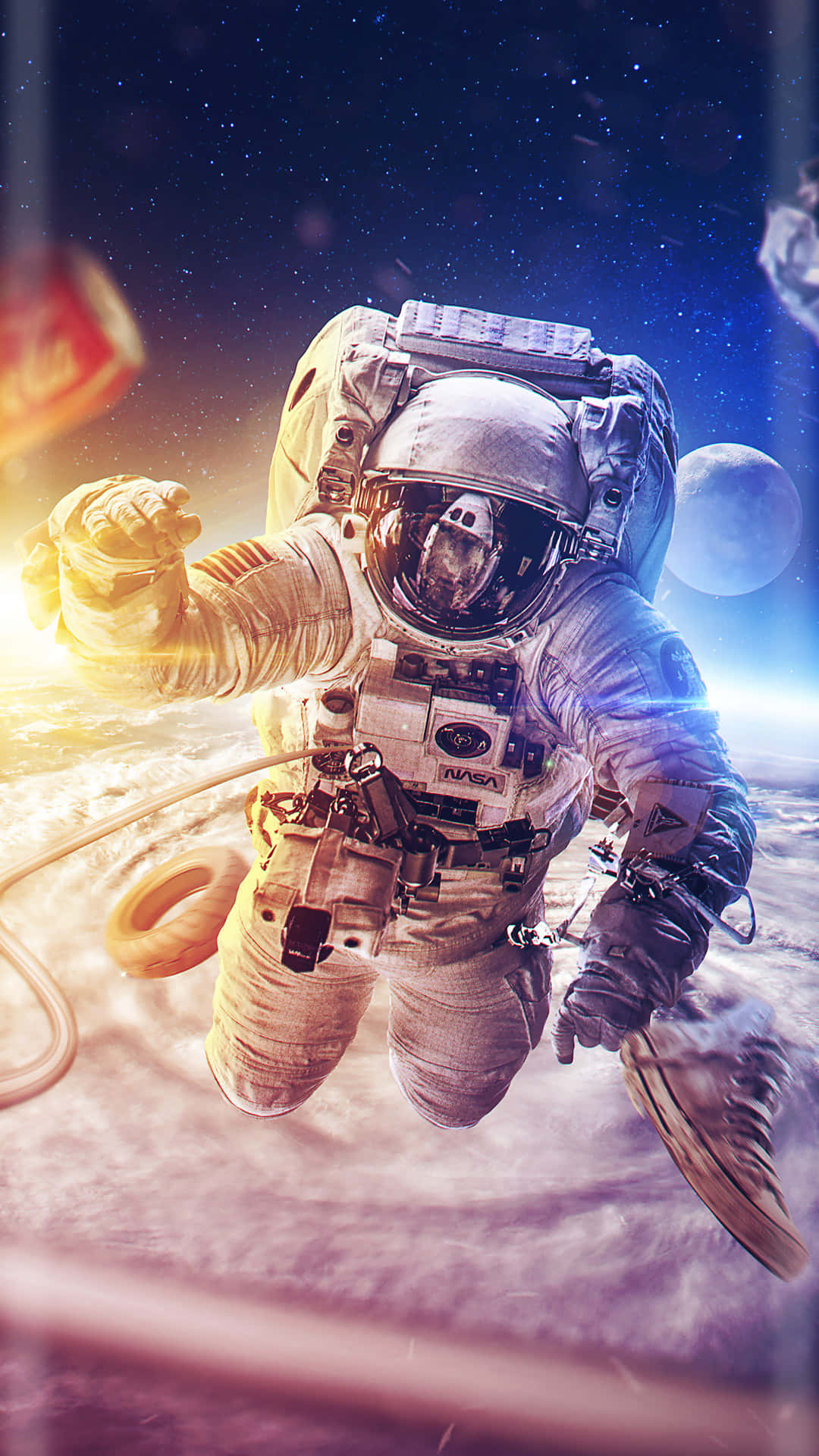 太空人在太空漂浮，可見地球和星星。 — 太空 壁紙