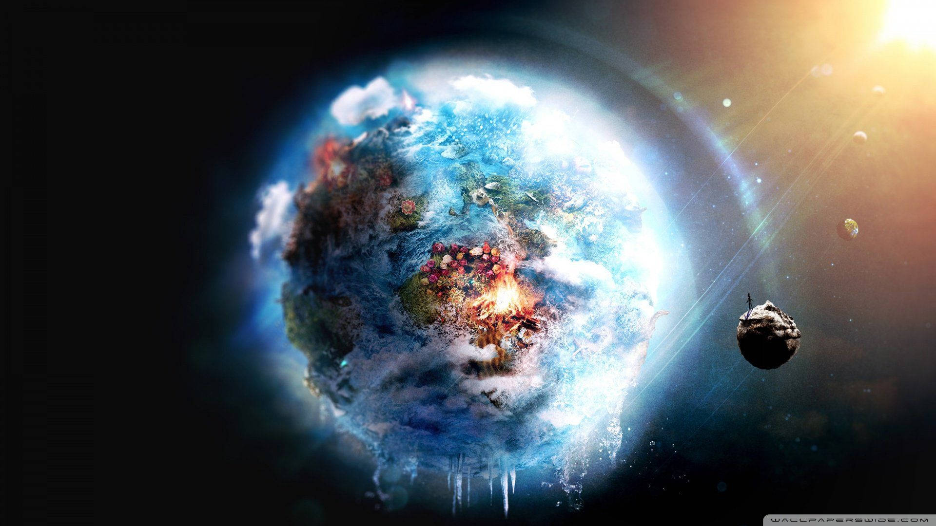 一顆藍色行星，在太陽和小行星附近的太空中噴出火與冰。