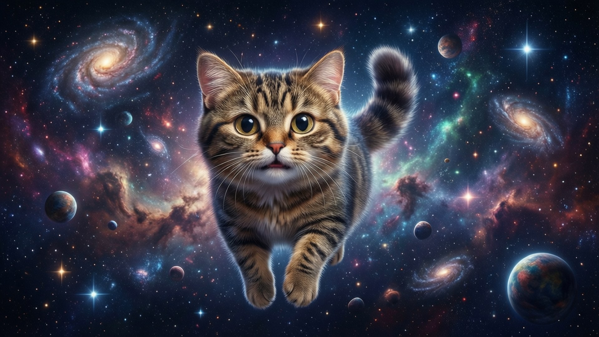 一隻虎斑貓在色彩繽紛的星系中漂浮，周圍有星星和行星。