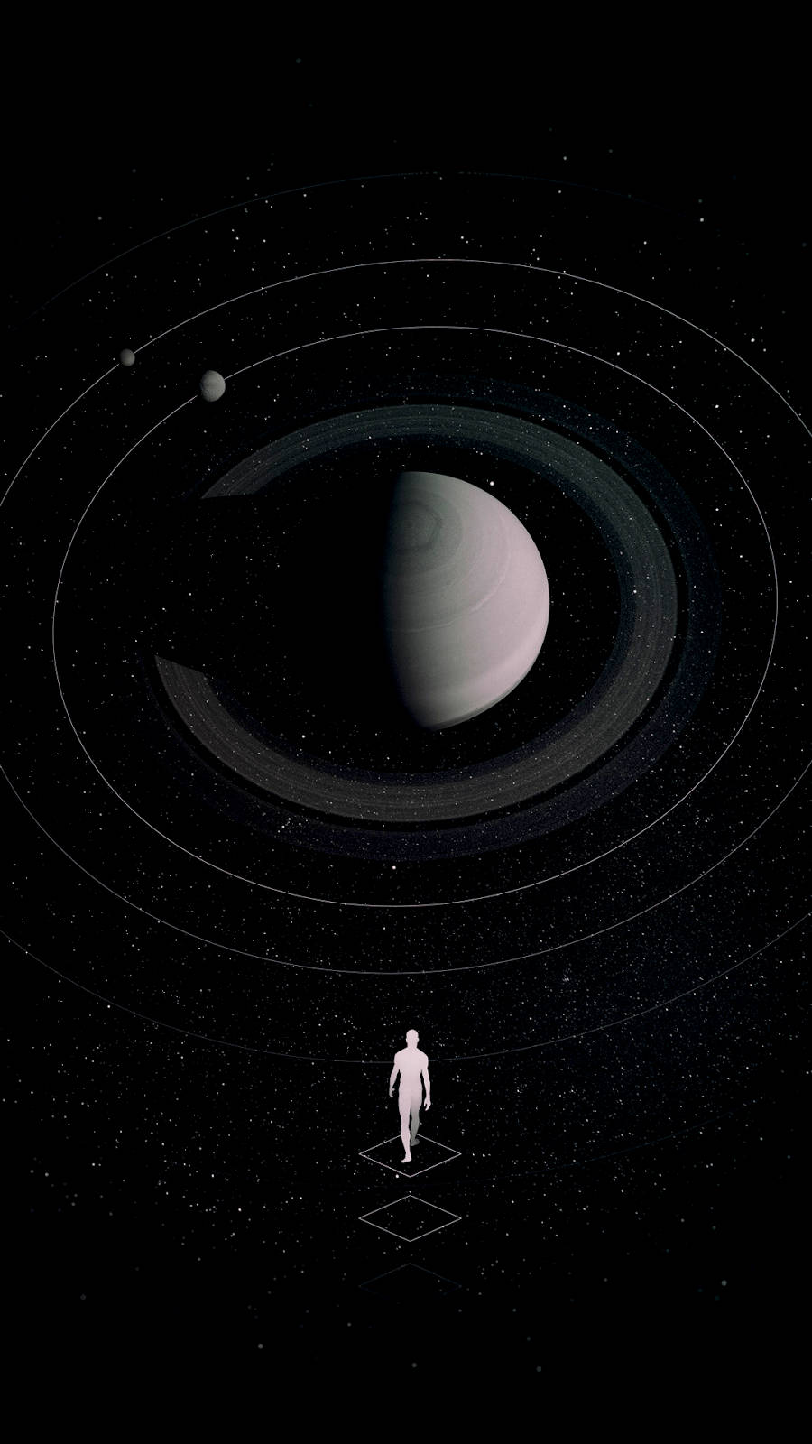 太空中的灰色星球驚豔手機壁紙 壁紙 — 一個孤獨的白色剪影站在幾何平台上，下方是巨大的環狀行星，背景是星光燦爛的宇宙虛空。
