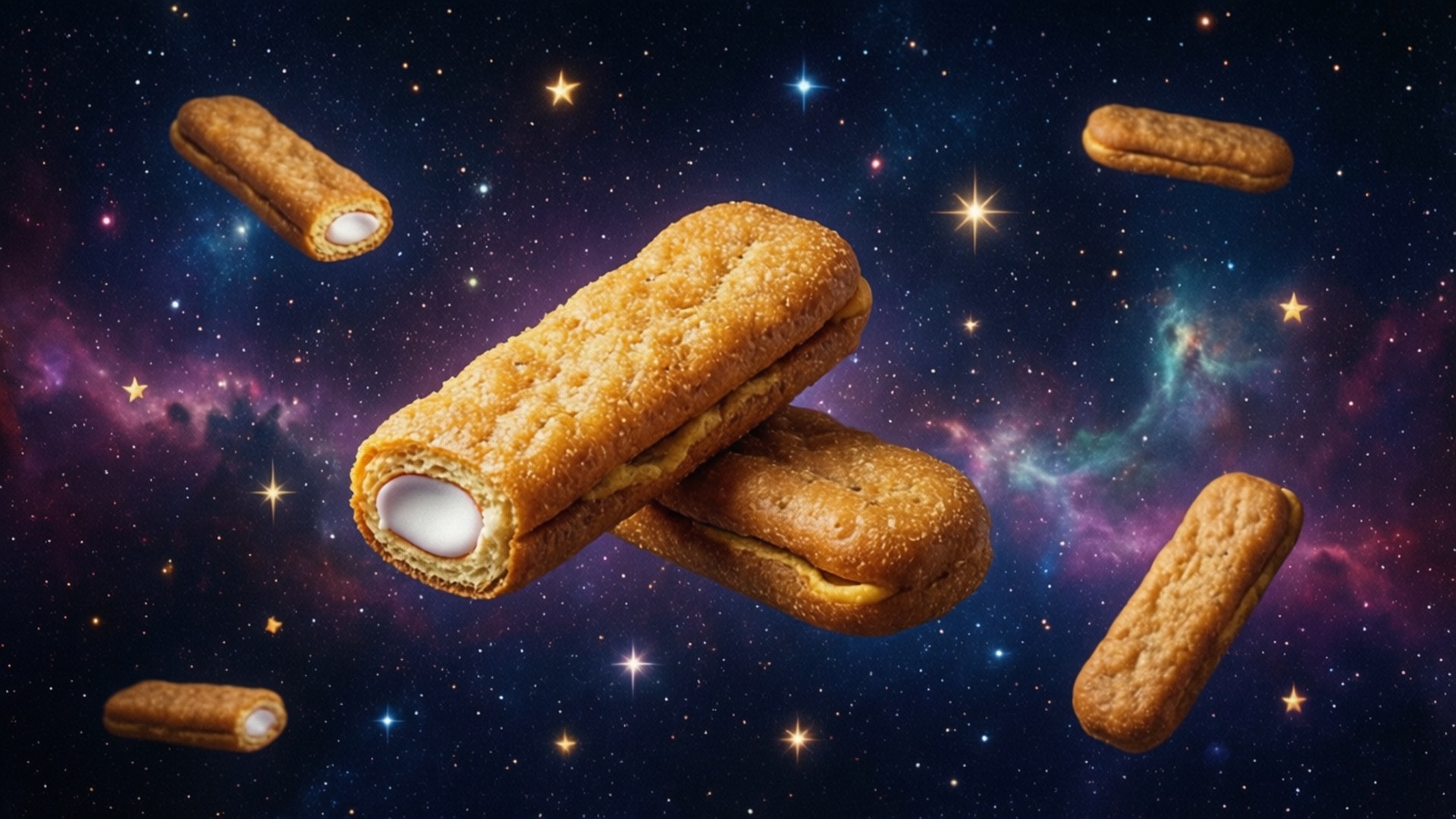 太空中的特威尼克斯 壁紙 — 金色奶油夾心餅乾漂浮在充滿活力的宇宙星雲中，伴隨著閃爍的星星和旋轉的紫色雲彩。