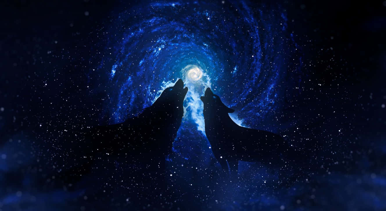 太空中的狼不可擋的力量 壁紙 — 兩隻狼向著一個由藍色星星和發光星雲組成的旋轉宇宙隧道嚎叫。