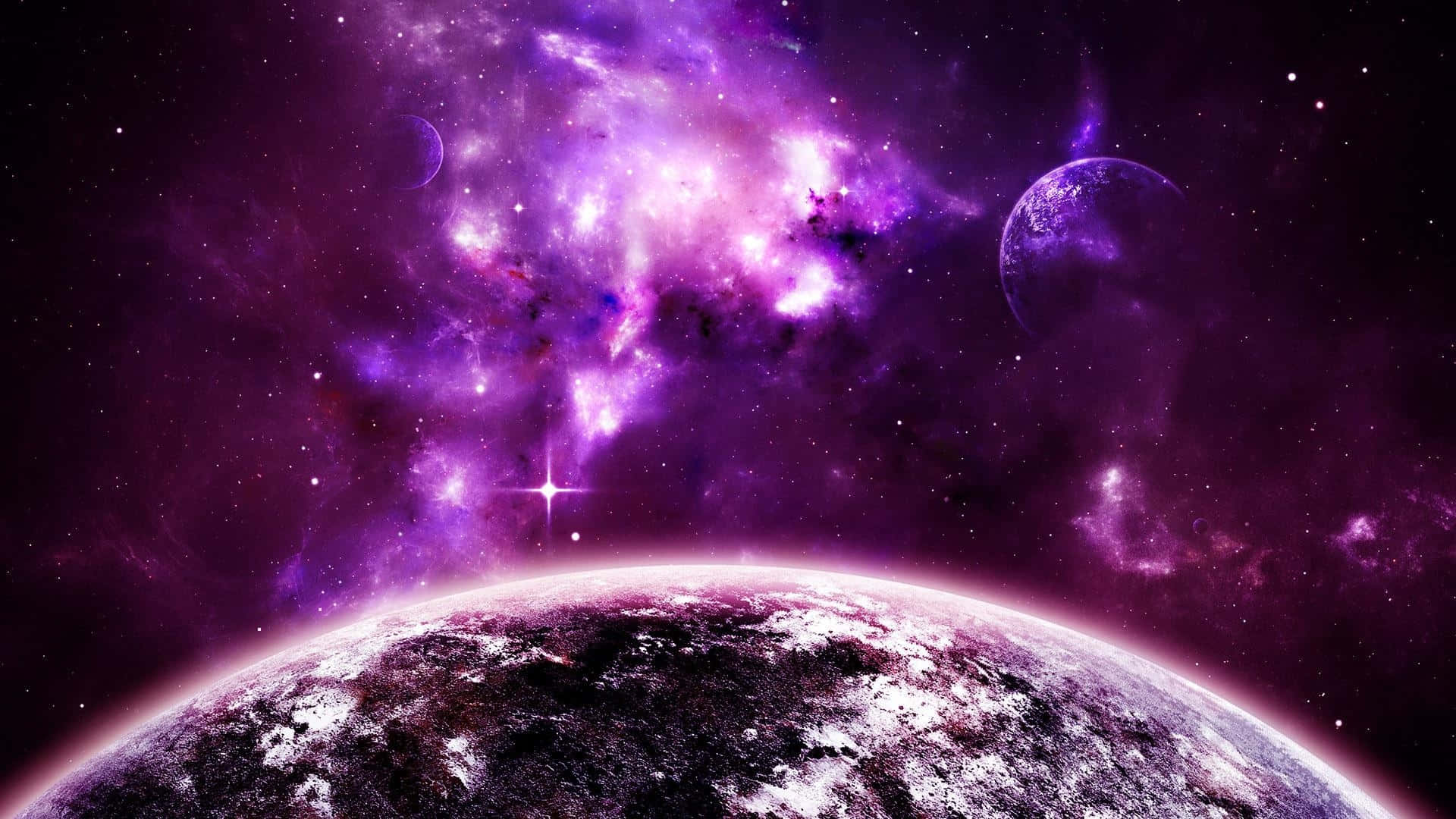 太空中的紫色星球，伴隨星星與其他行星 壁紙
