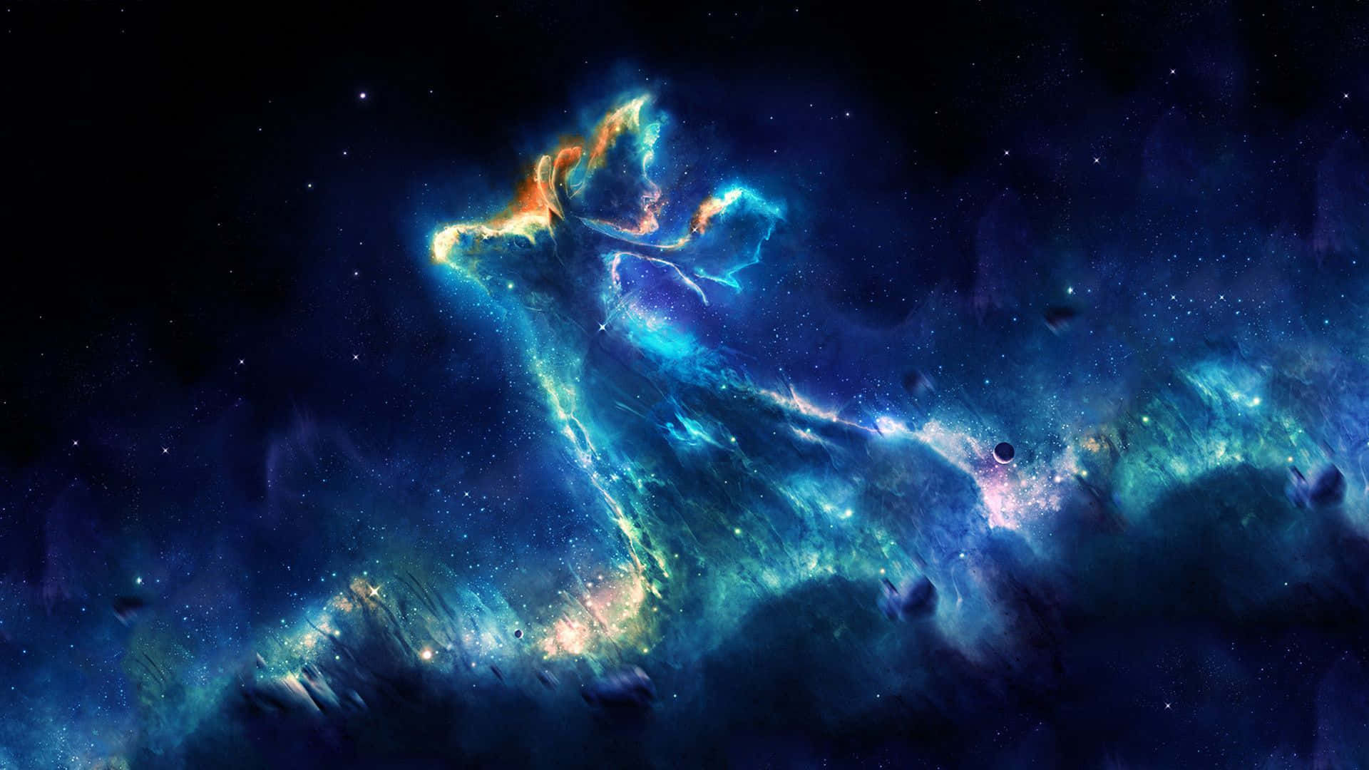 在繁星點點的太空場景中，一個發光的藍色和橙色星雲，形狀像一隻鹿。