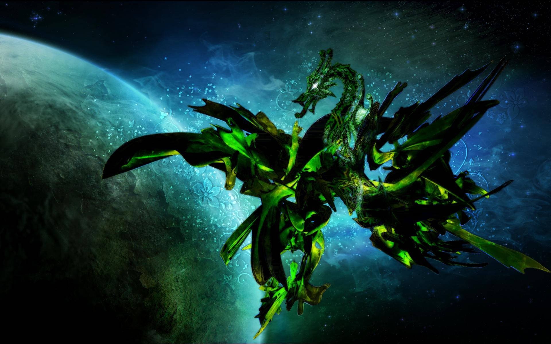 太空中的綠龍 壁紙 — 一條發光的綠色龍在星空下於藍色行星旁翱翔太空。