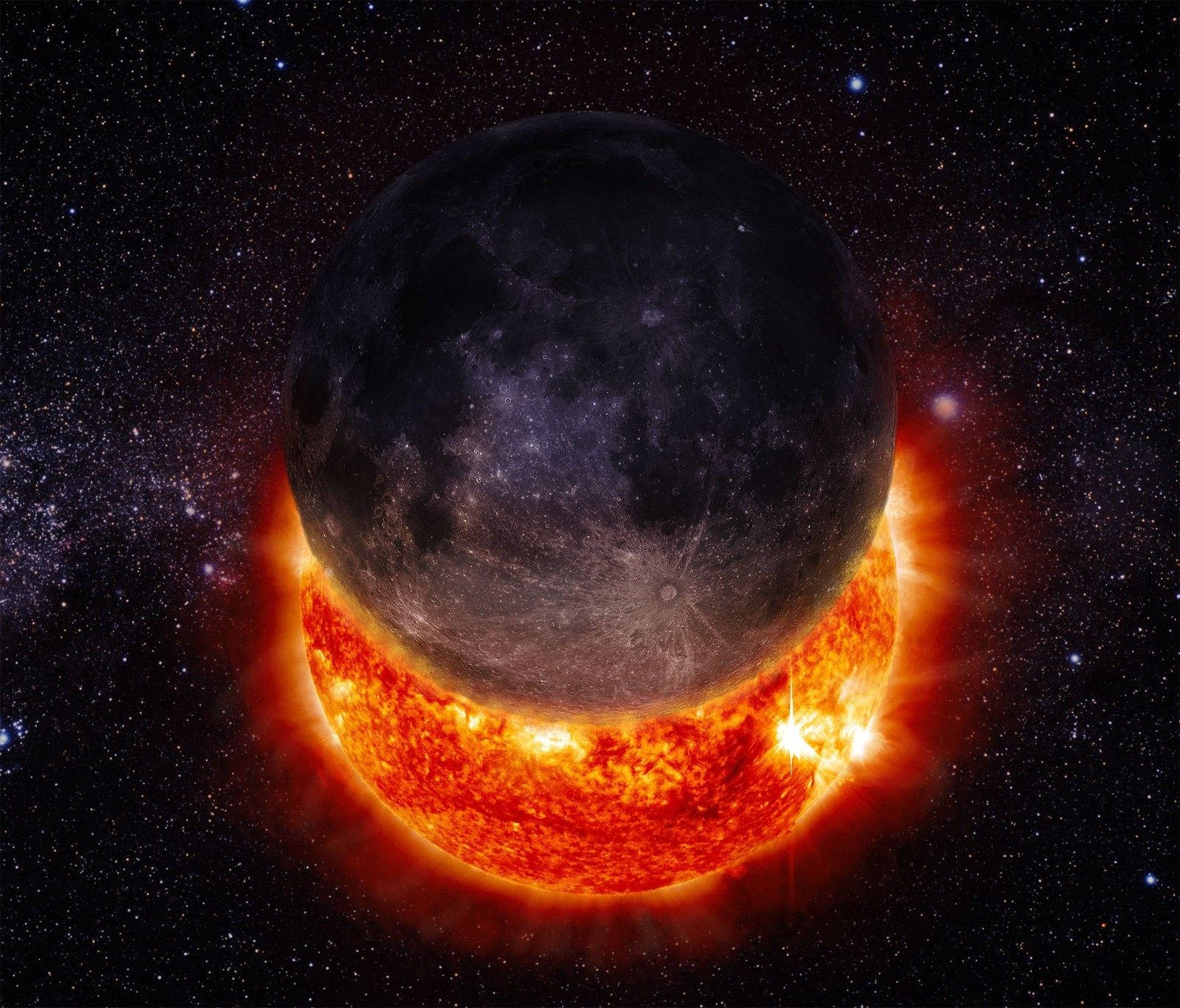 月亮遮蔽太陽，帶有太陽耀斑，在星空宇宙中