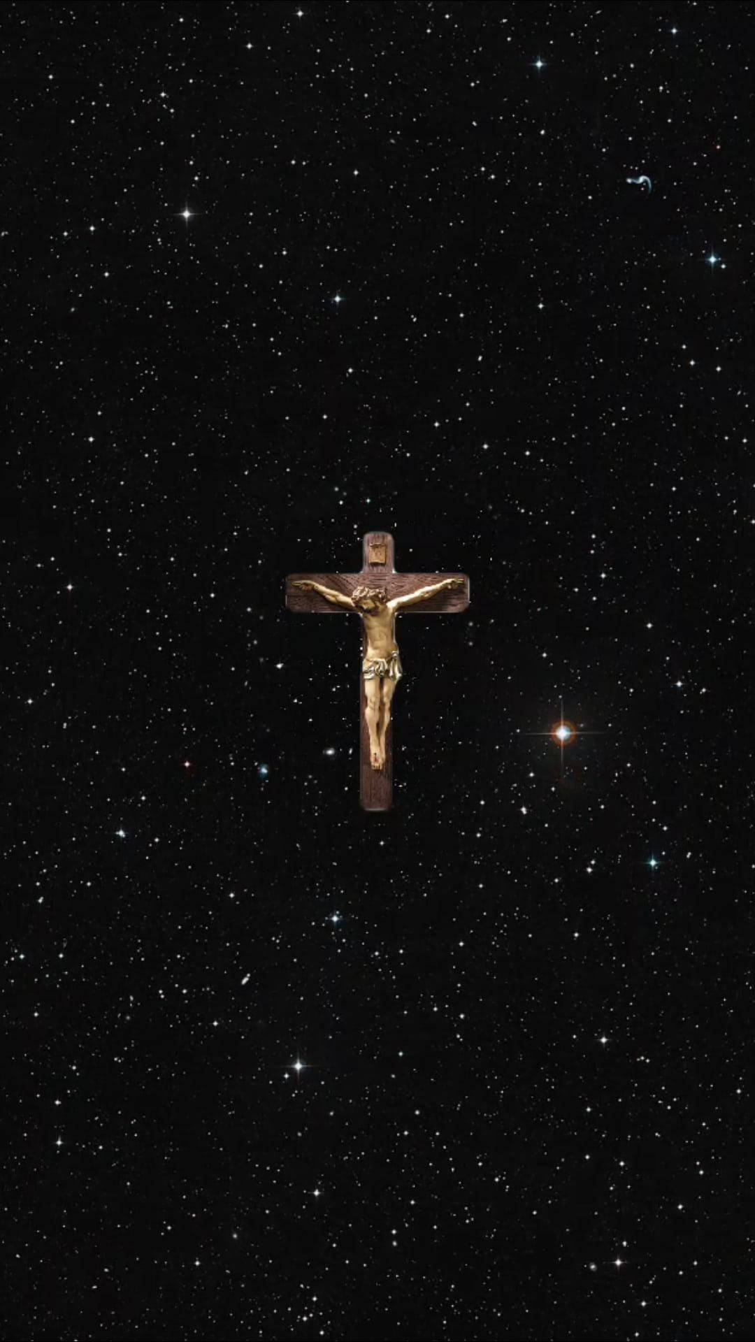 金色十字架懸浮在滿天星斗的夜空中。