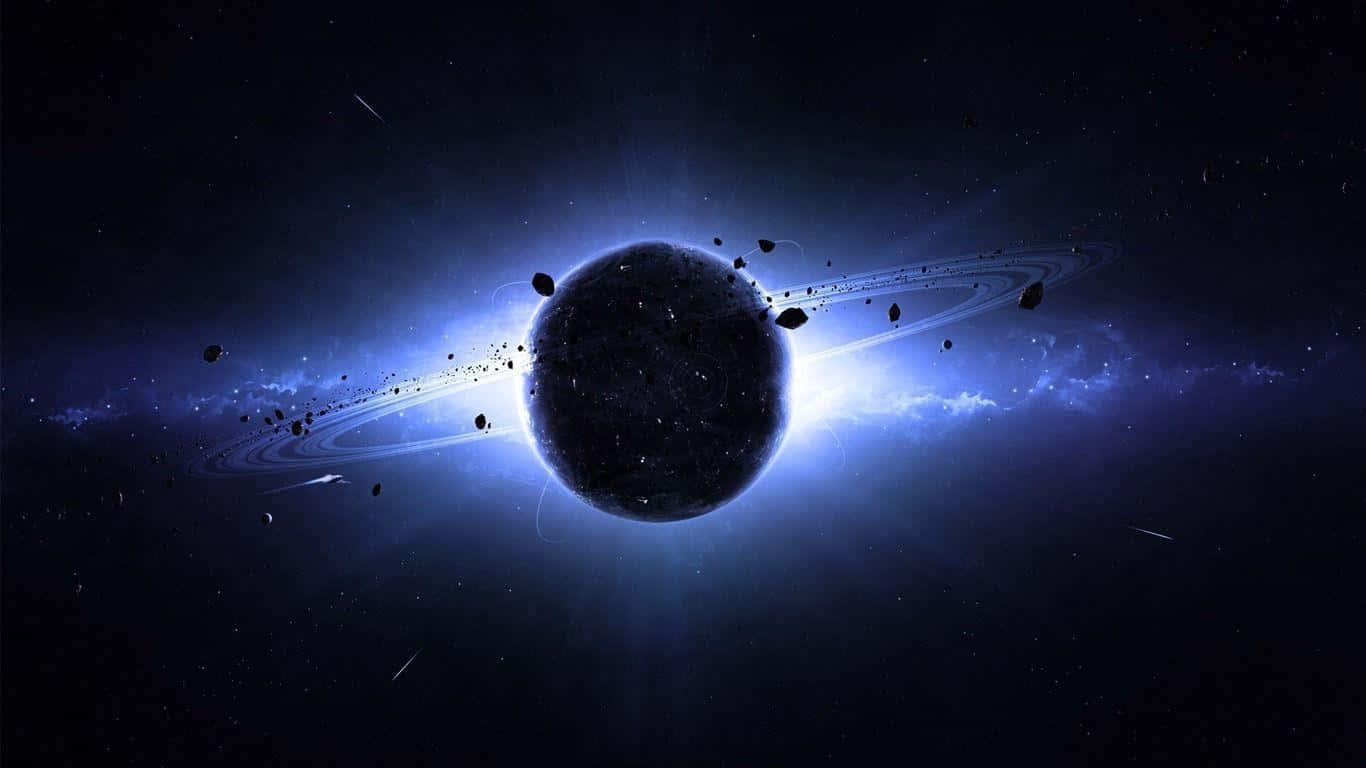 太空中的行星 1366x768 監視器背景 壁紙 — 一顆黑暗的行星，帶有發光的藍色環和漂浮的小行星，被明亮的宇宙光照亮，背景是繁星點點的虛空。