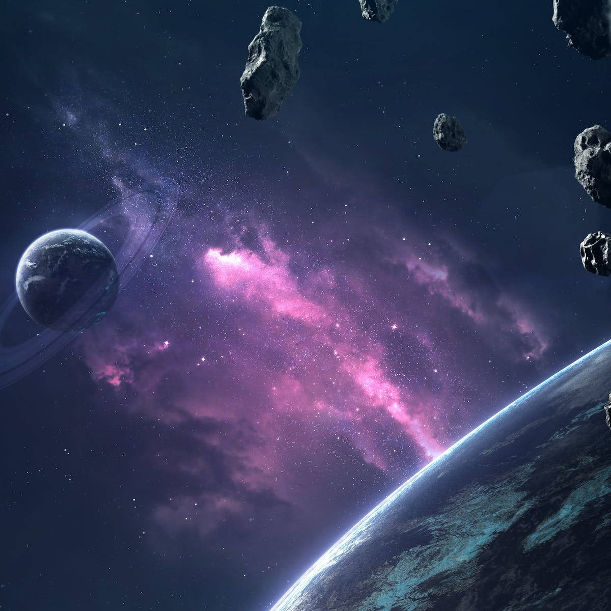 太空中的行星與岩石通用手機背景 壁紙 — 宇宙景觀，在深空中兩個帶環行星之間有一個充滿活力的粉紅色星雲和漂浮的小行星。