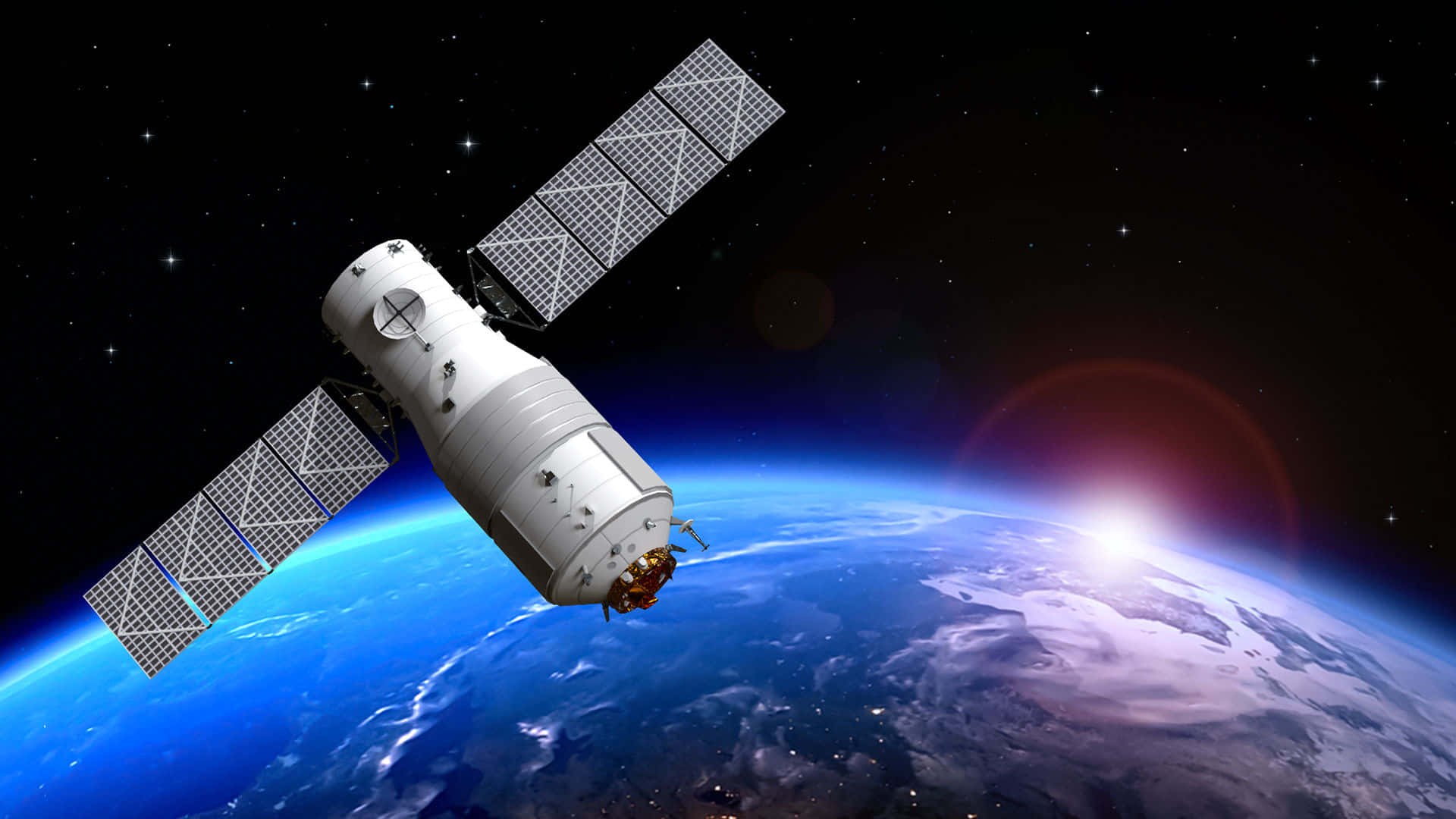 太空中的衛星，捕捉宇宙的壯麗美景 壁紙 — 一個詳細的衛星在繁星點點的黑夜天空中繞地球運行，行星地平線上有發光的日出。
