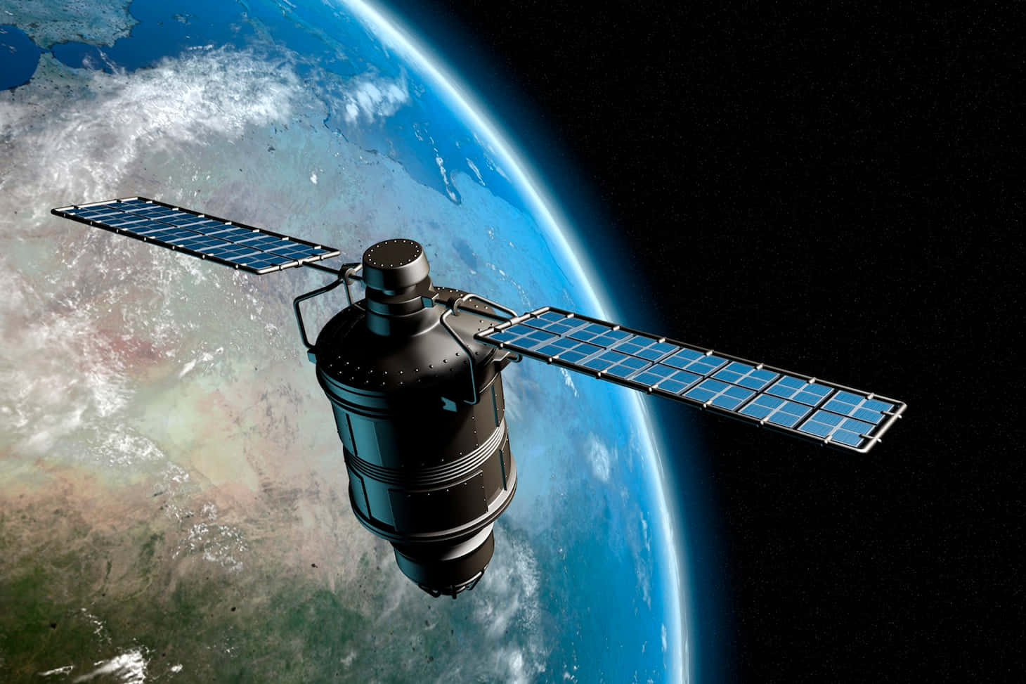 帶有太陽能板的衛星在太空中繞地球運行