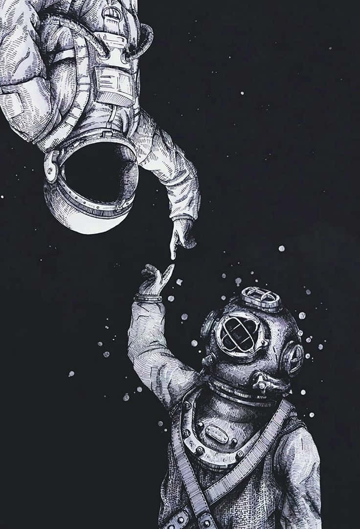 潛水員和太空人在太空中互相伸手