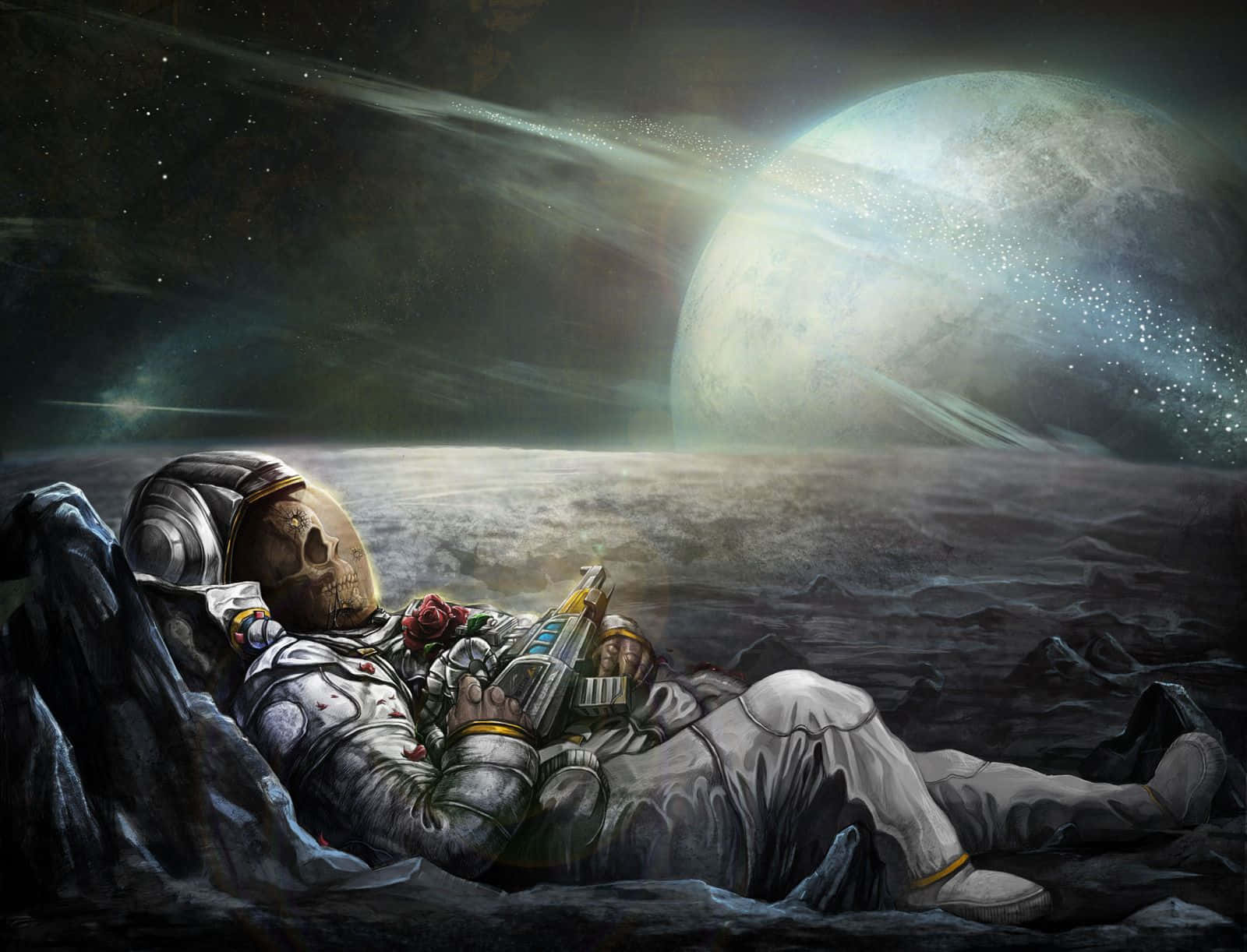 一個骷髏太空人躺喺外星地形上，喺發光月亮下揸住一朵玫瑰同一個裝置。