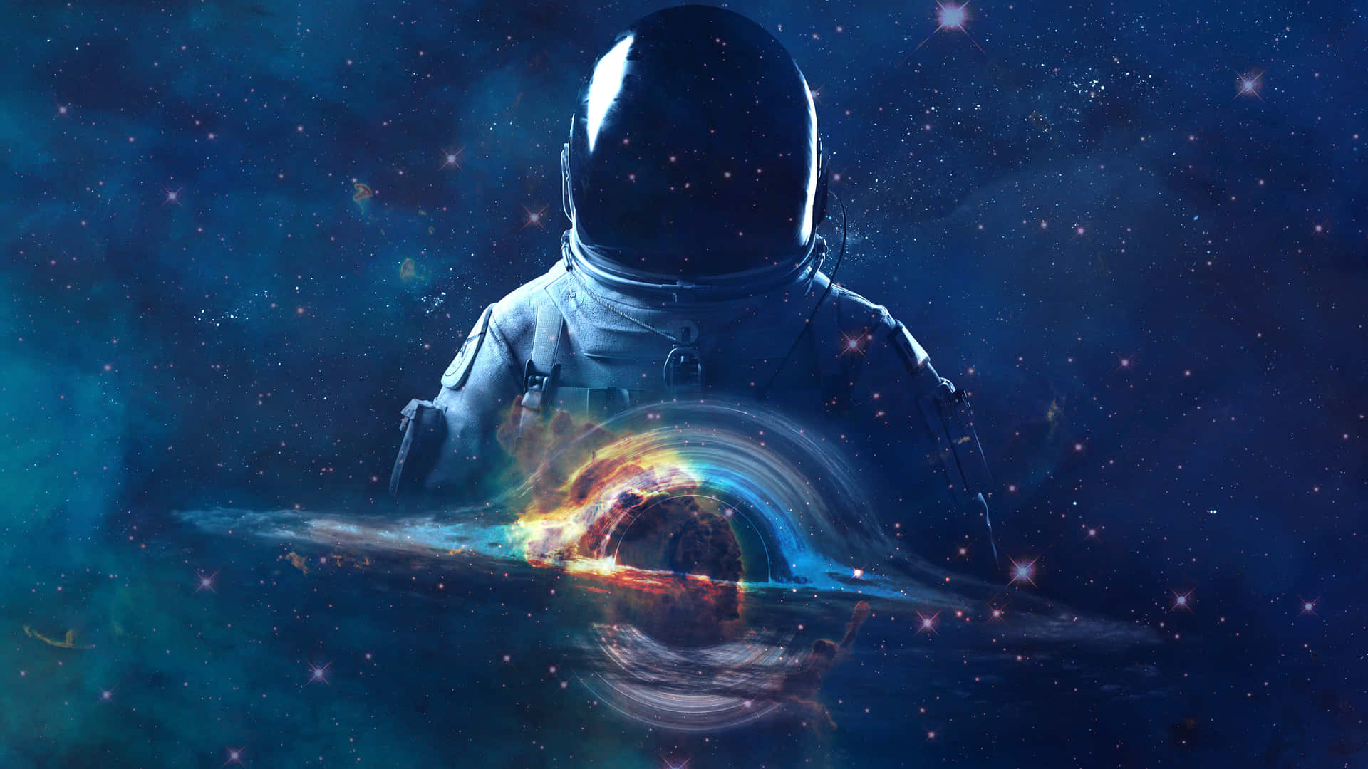 太空人在太空，背後有發光的星雲和星星