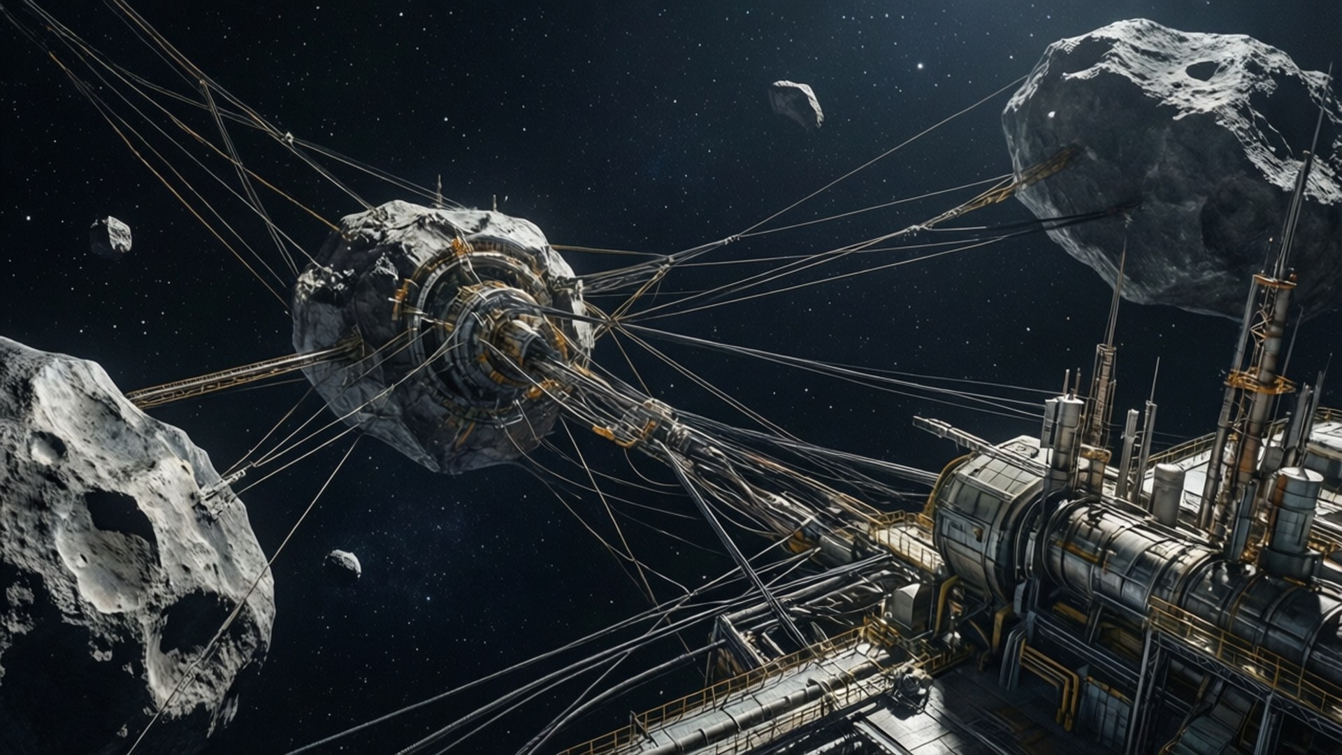 未來主義太空站繫於深空中的小行星